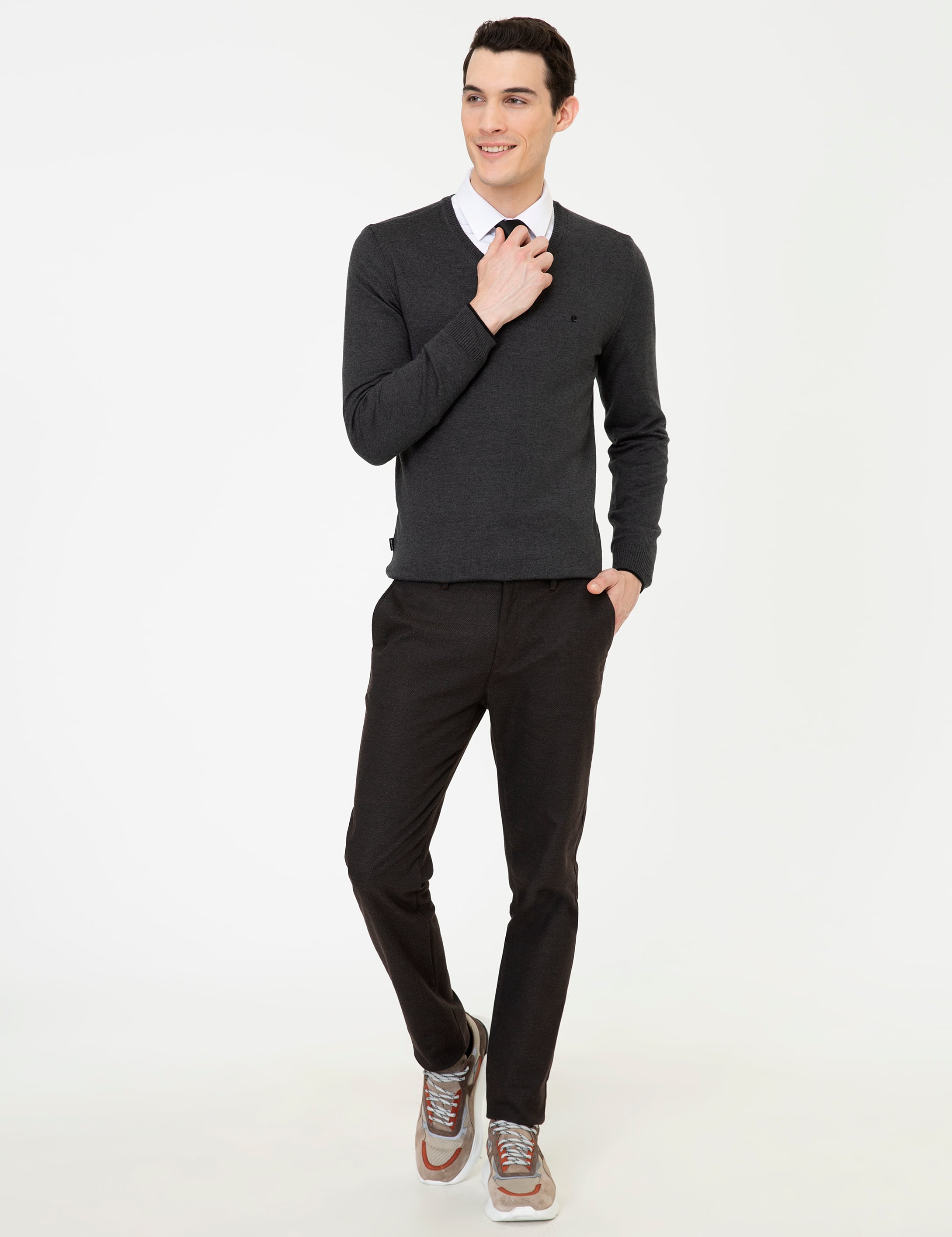 Antrasit Melanj Slim Fit V Yaka Basic Triko Kazak