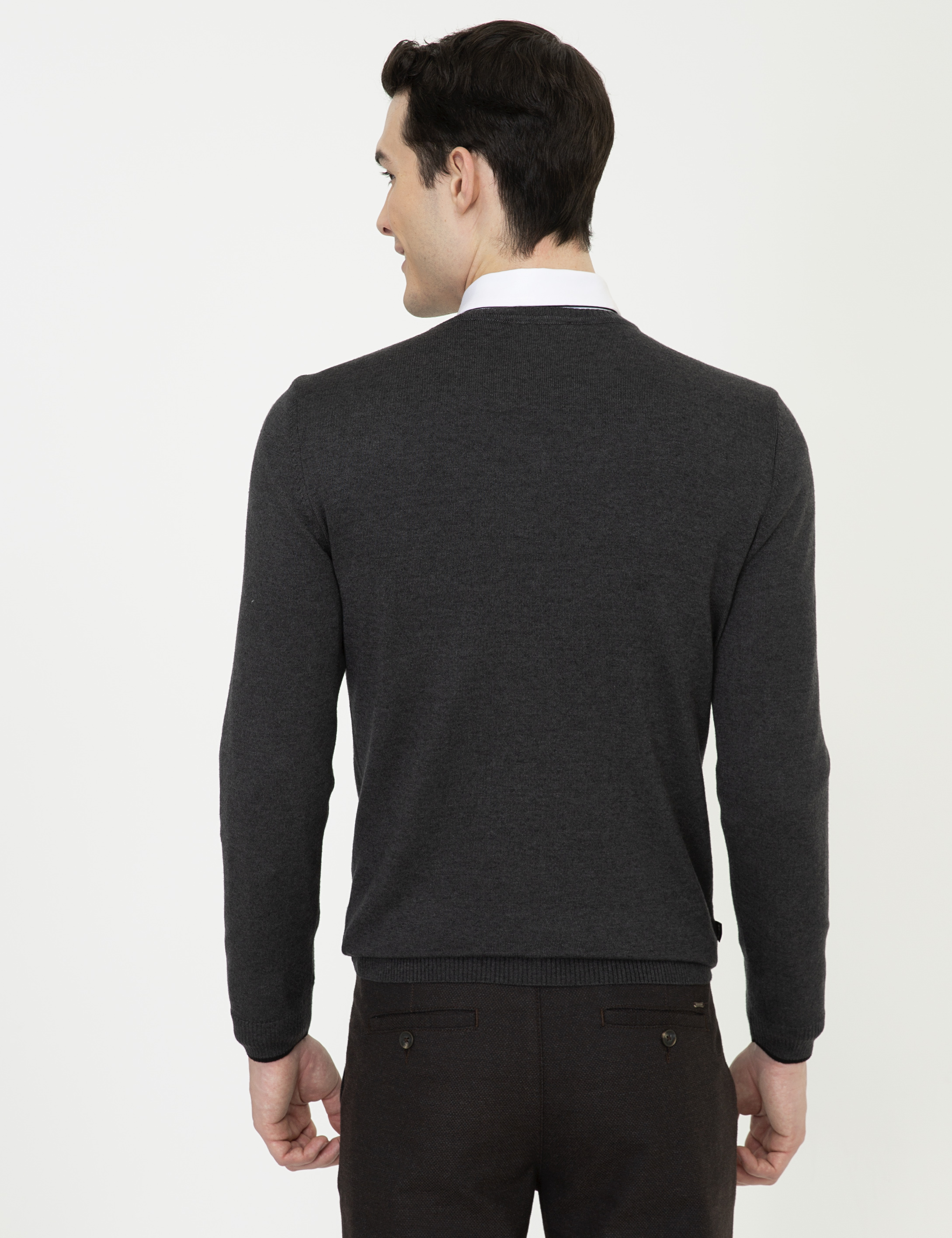 Antrasit Melanj Slim Fit V Yaka Basic Triko Kazak - Image 4