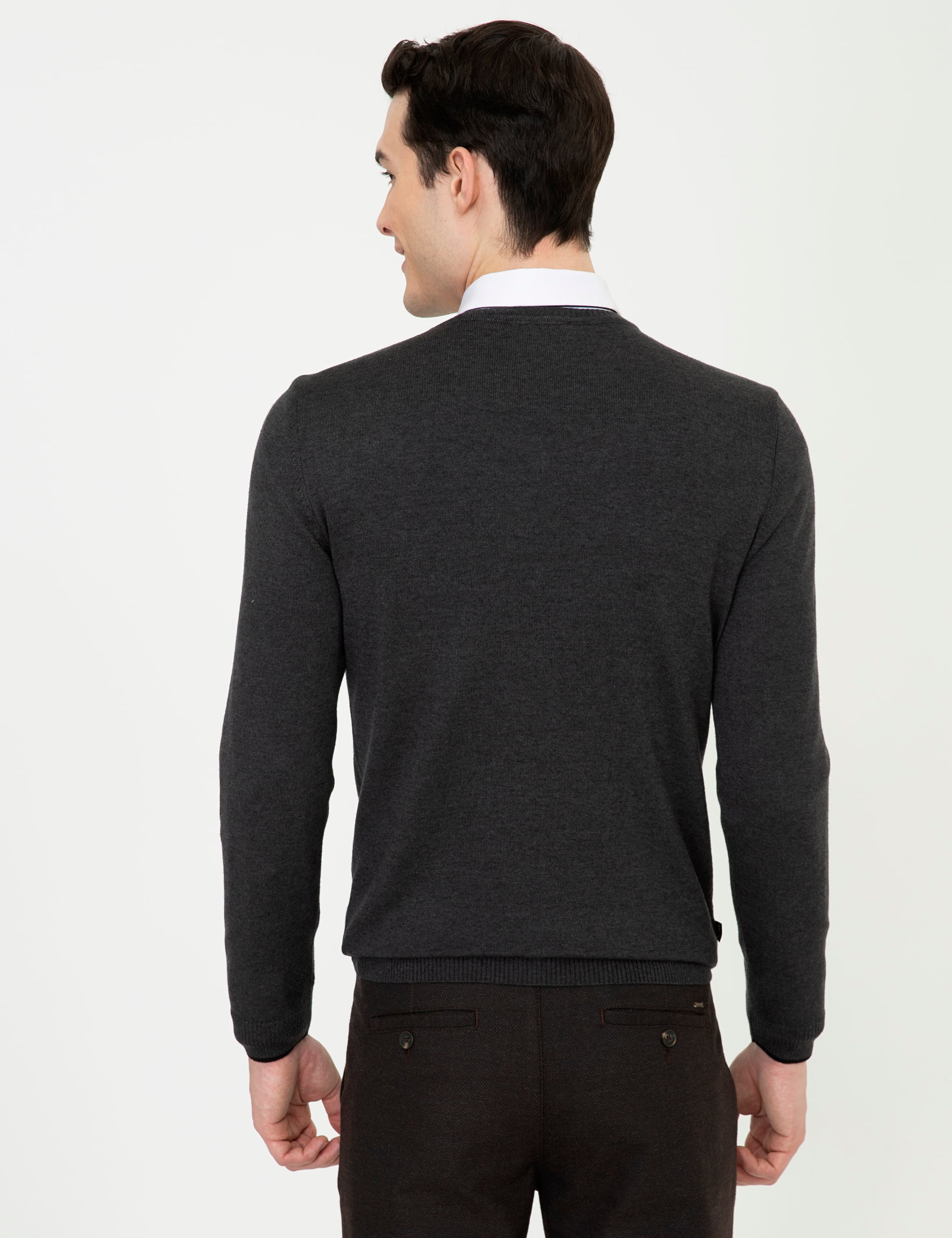 Antrasit Melanj Slim Fit V Yaka Basic Triko Kazak