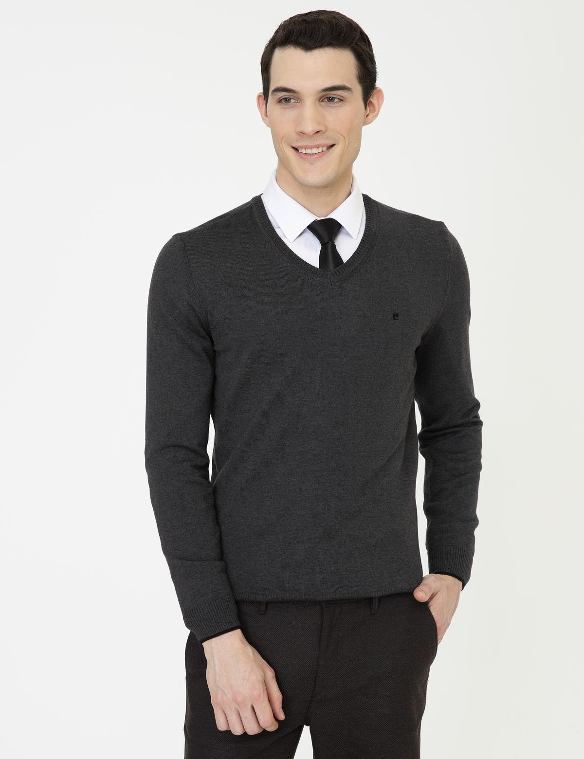 Antrasit Melanj Slim Fit V Yaka Basic Triko Kazak