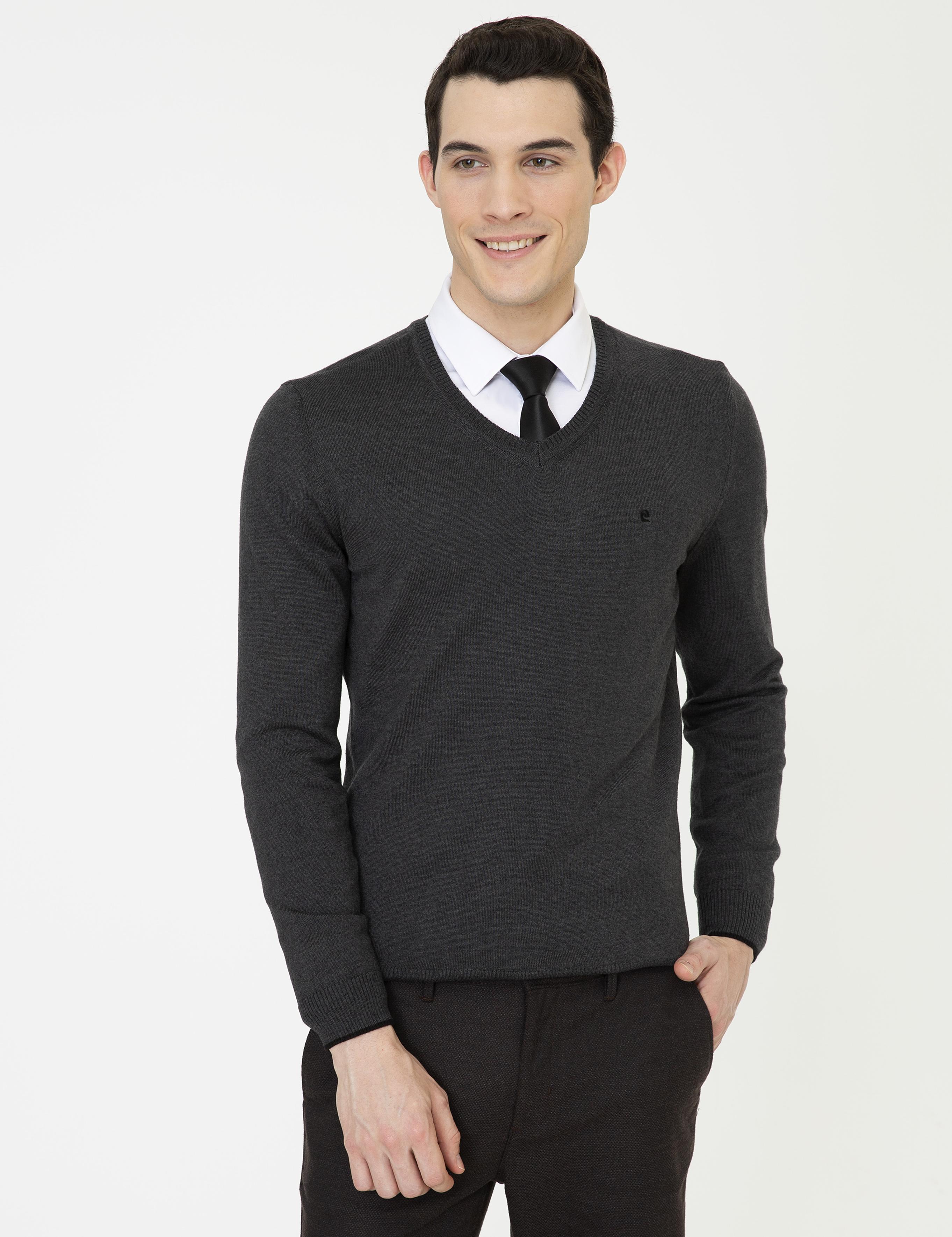 Antrasit Melanj Slim Fit V Yaka Basic Triko Kazak