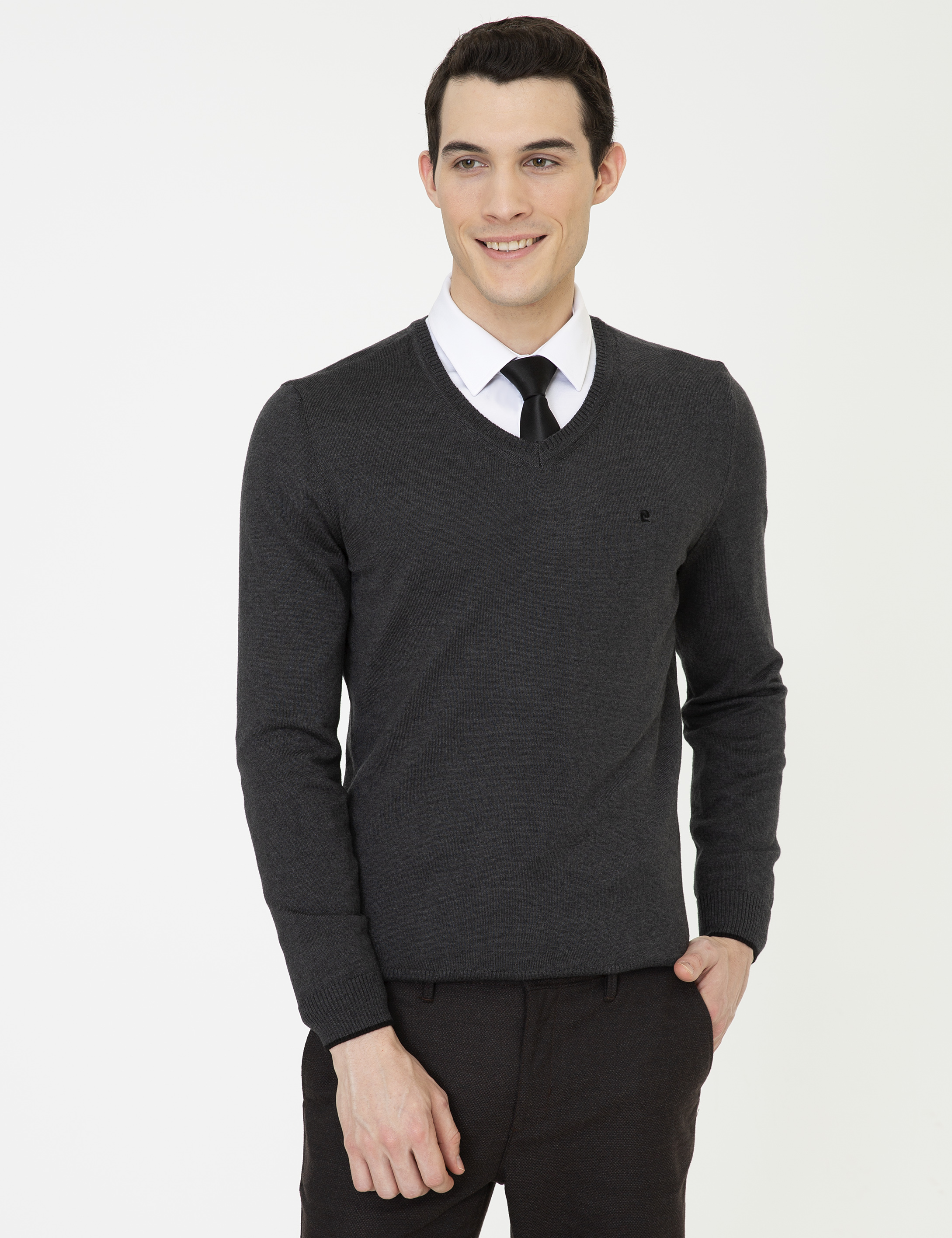 Antrasit Melanj Slim Fit V Yaka Basic Triko Kazak - Image 1