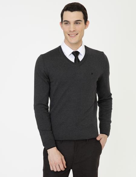 Antrasit Melanj Slim Fit V Yaka Basic Triko Kazak - 50248554088