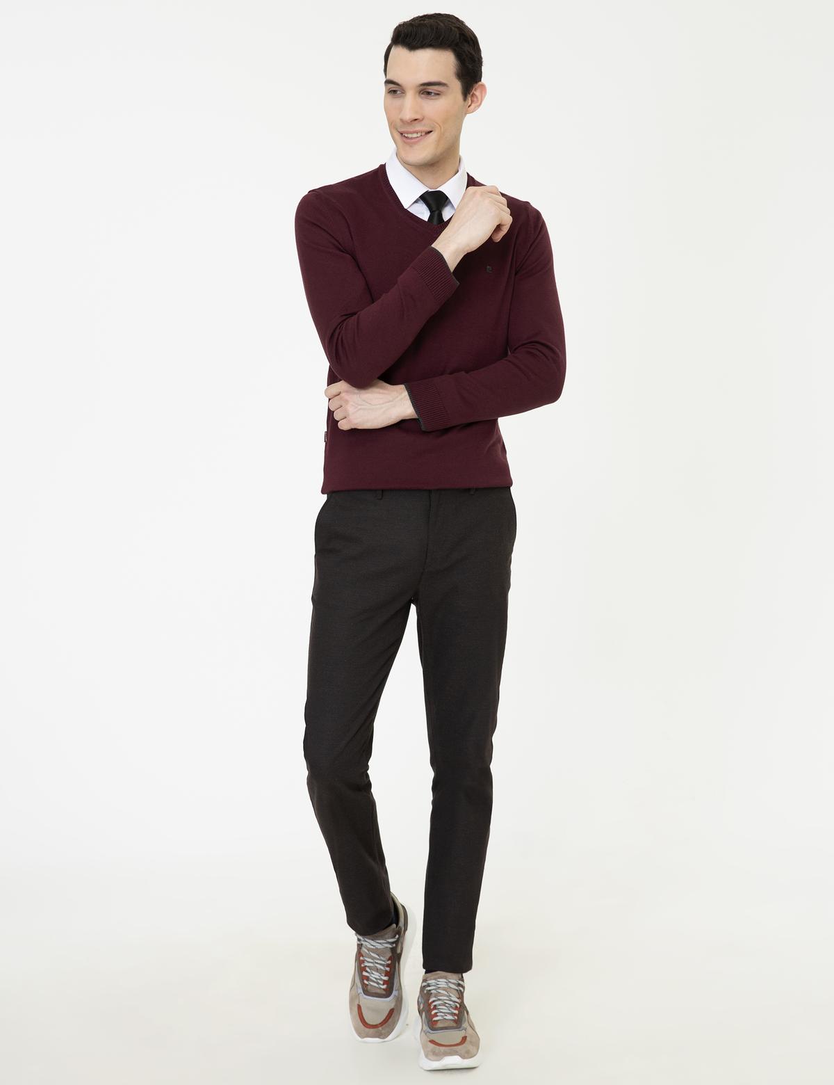 Bordo Slim Fit V Yaka Basic Triko Kazak - 50248554028