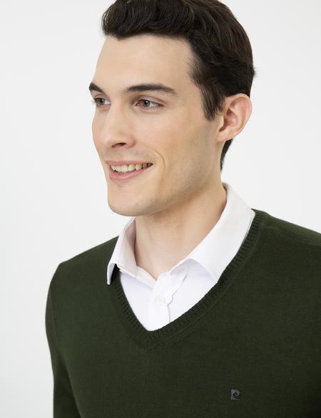 Yeşil Slim Fit V Yaka Basic Triko Kazak - 50248554071