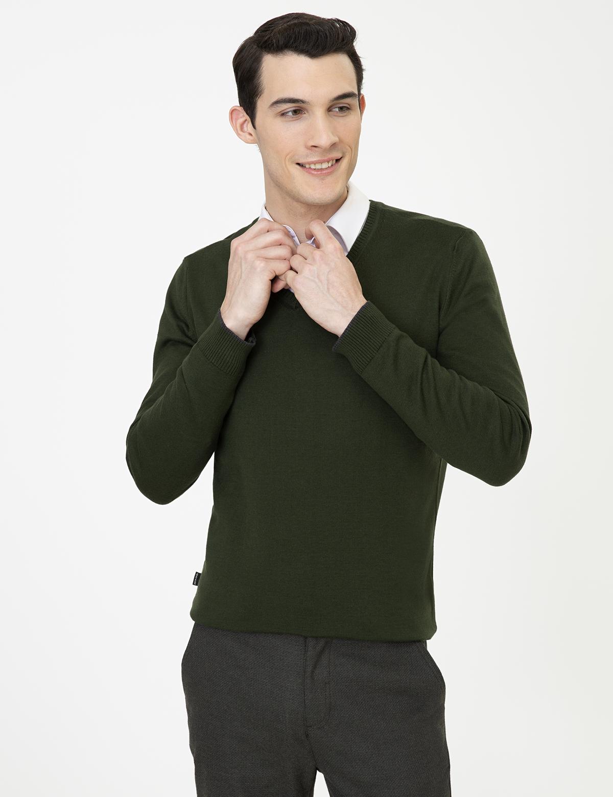 Yeşil Slim Fit V Yaka Basic Triko Kazak - 50248554071