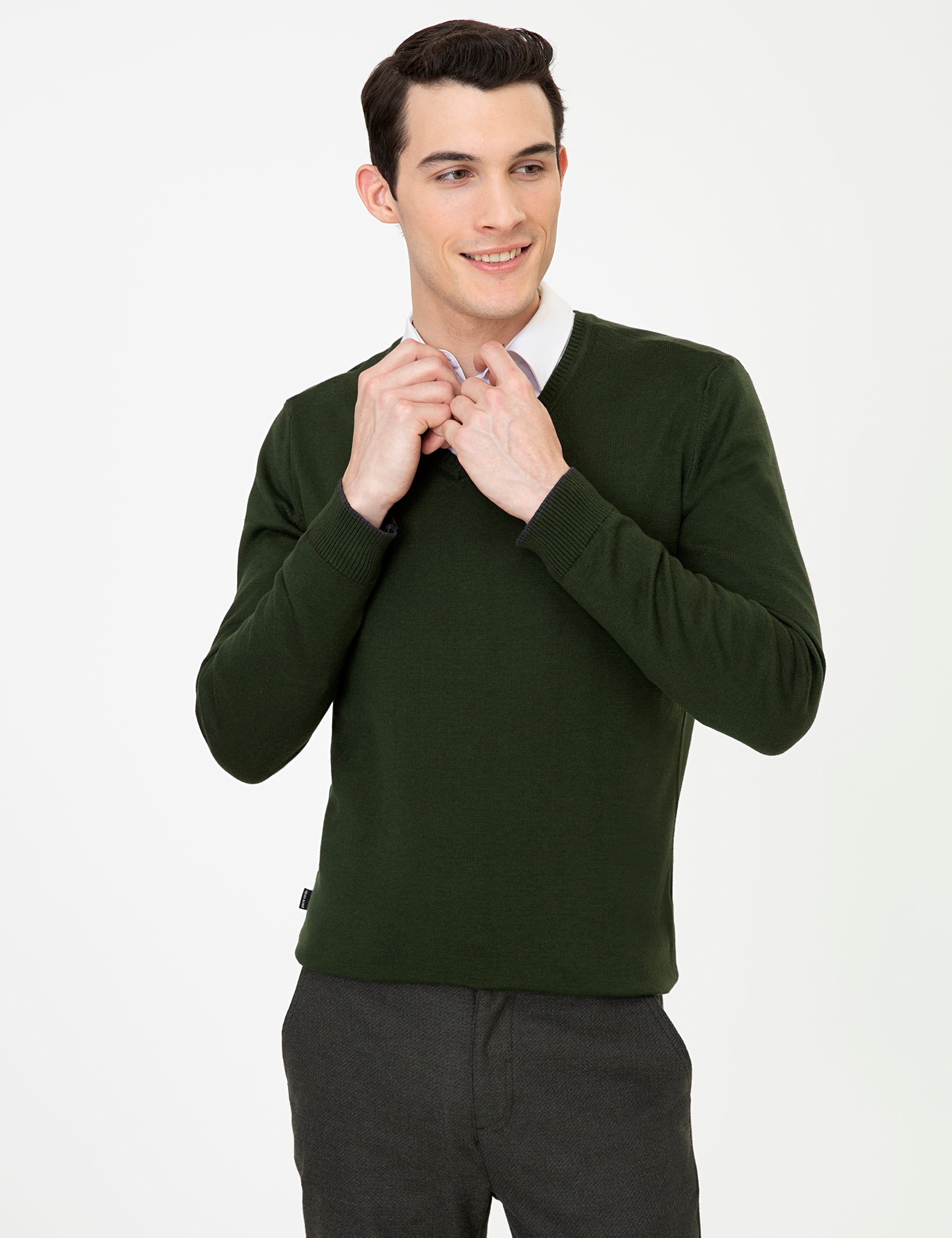 Yeşil Slim Fit V Yaka Basic Triko Kazak