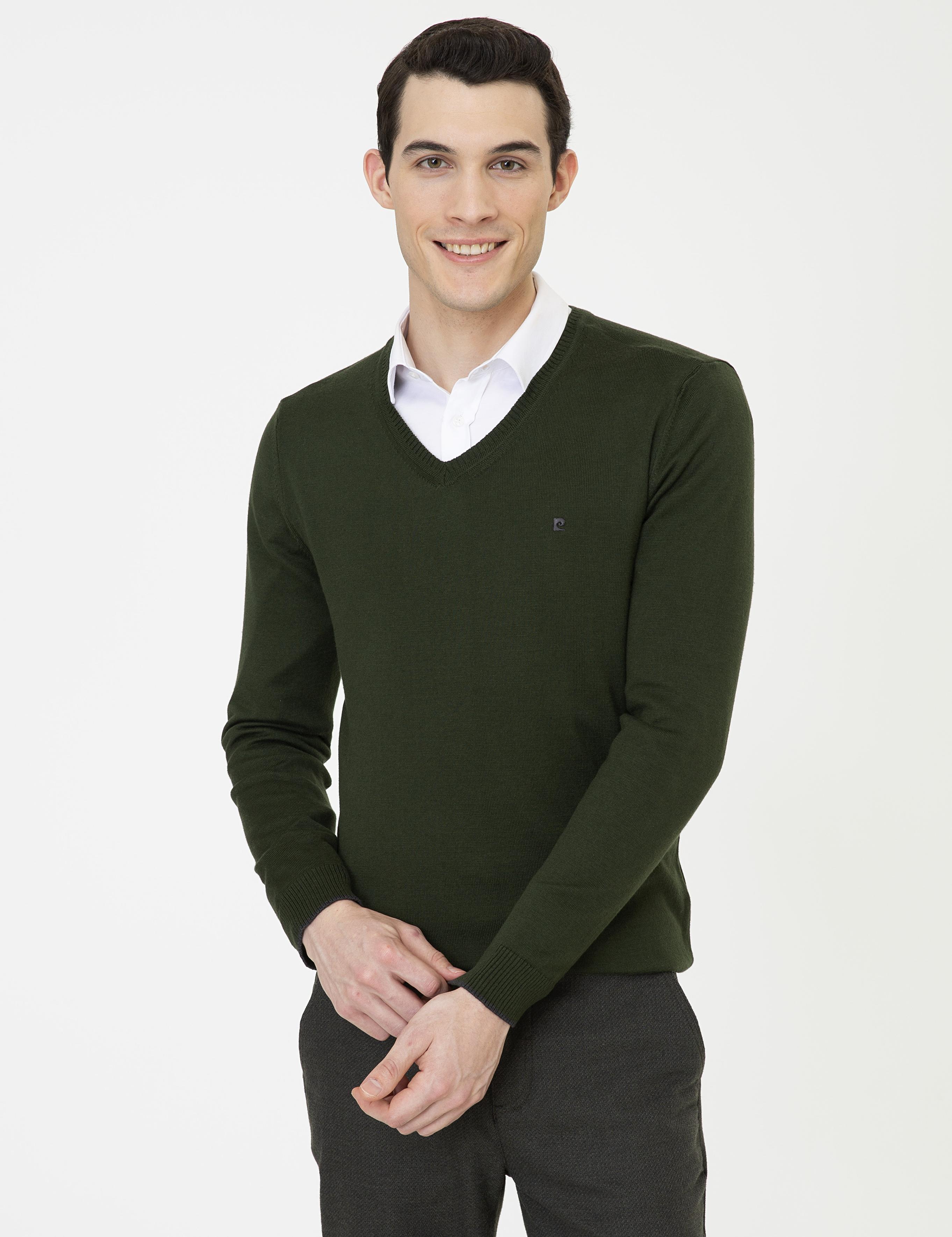 Yeşil Slim Fit V Yaka Basic Triko Kazak