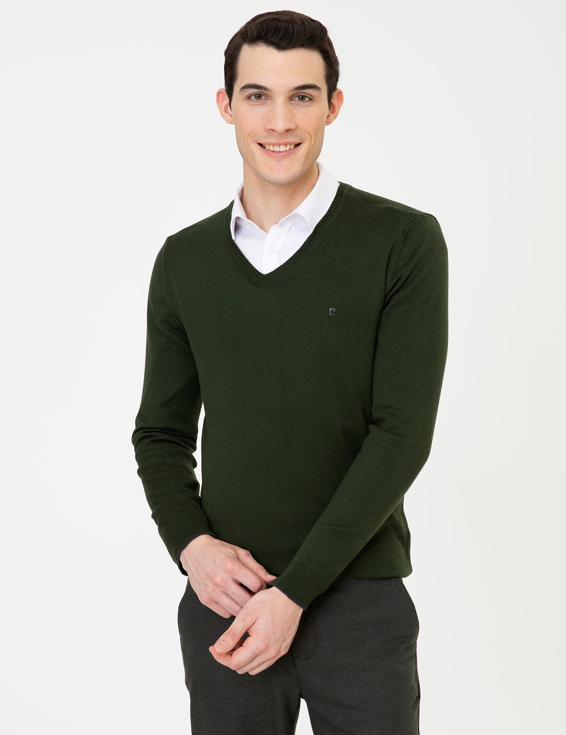 Yeşil Slim Fit V Yaka Basic Triko Kazak