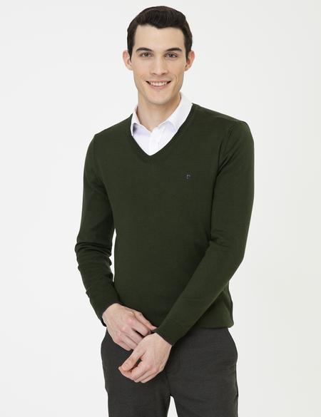 Yeşil Slim Fit V Yaka Basic Triko Kazak - 50248554071