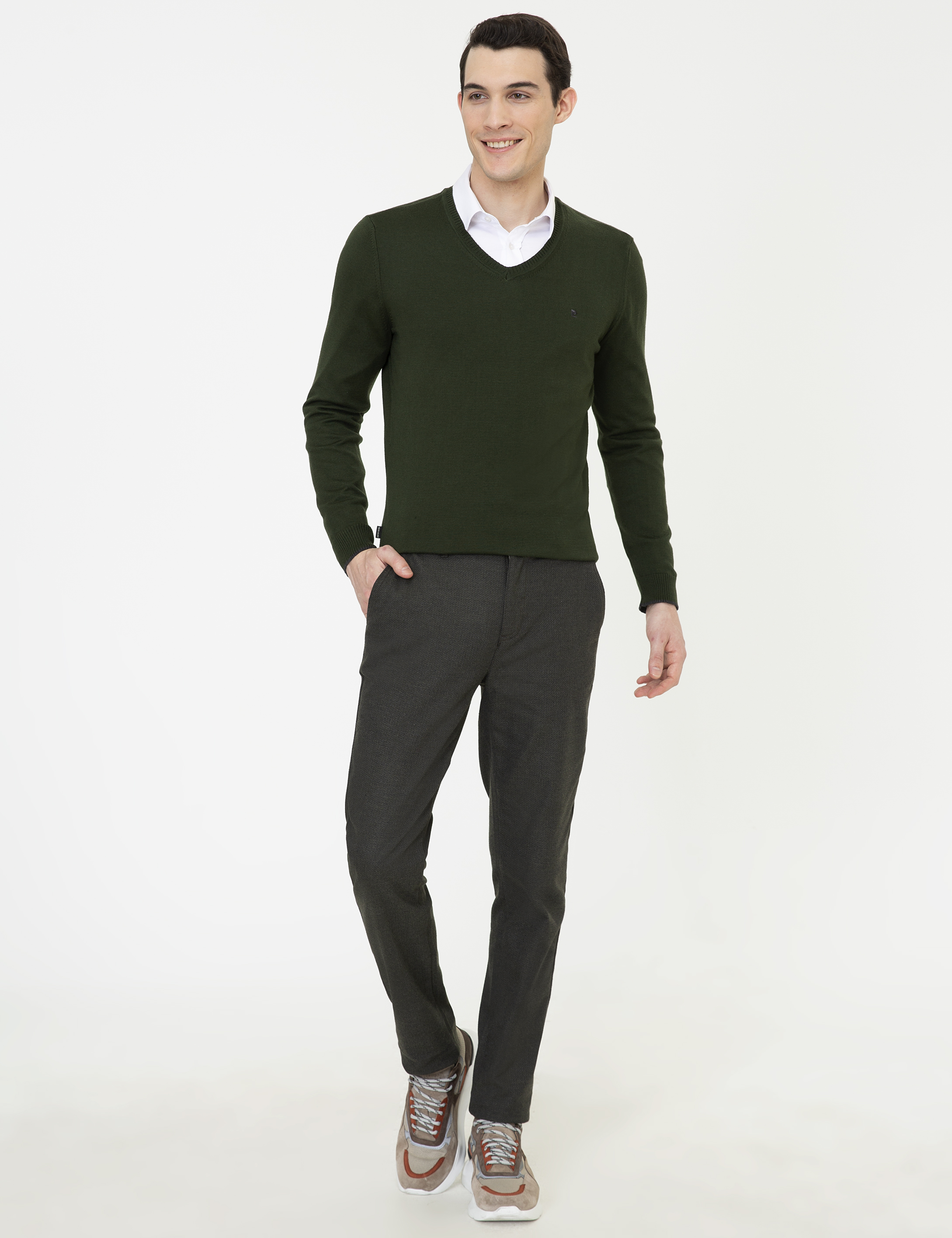 Yeşil Slim Fit V Yaka Basic Triko Kazak - Image 5