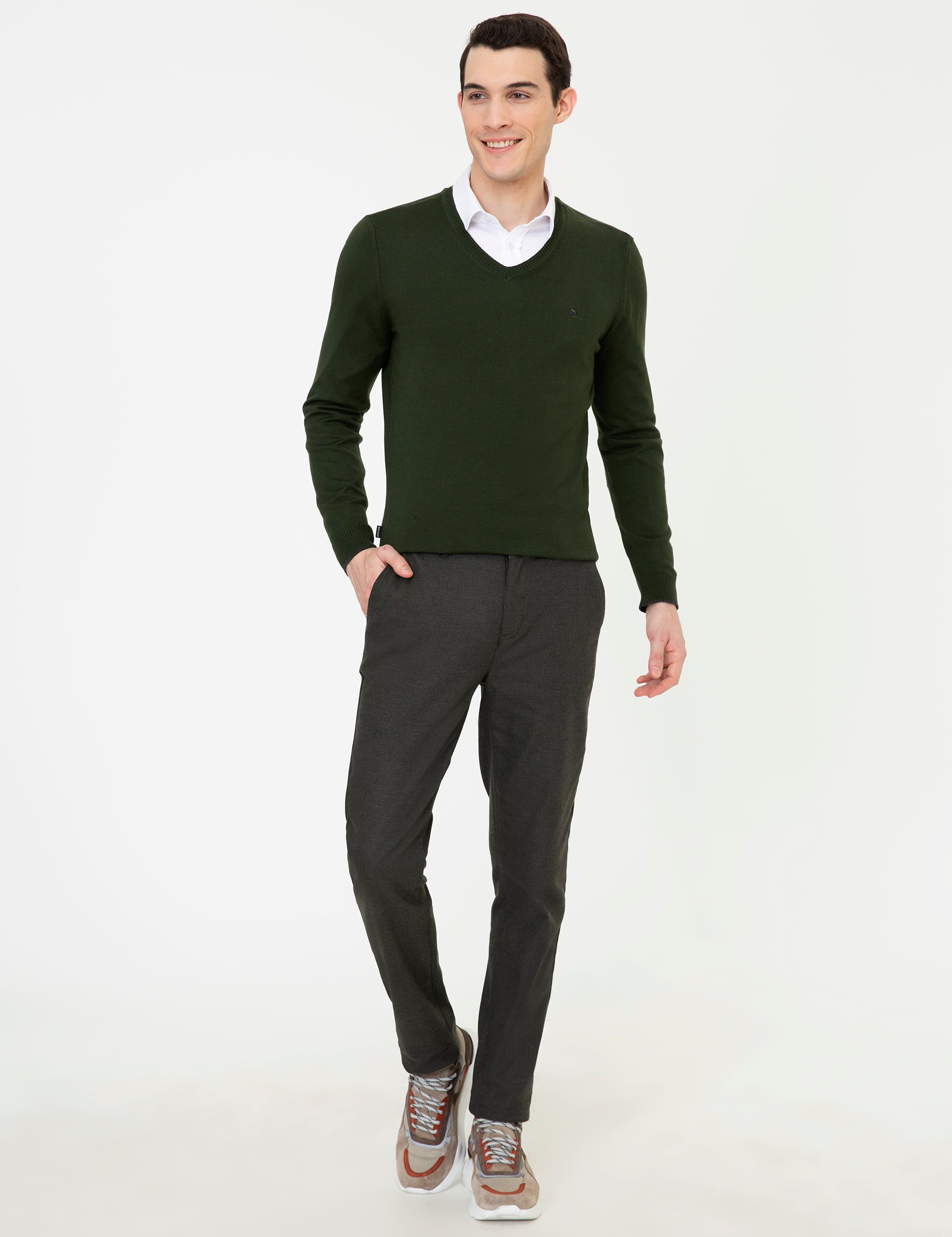 Yeşil Slim Fit V Yaka Basic Triko Kazak