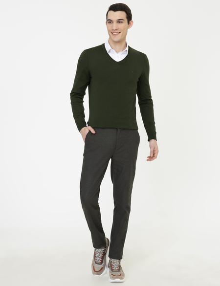 Yeşil Slim Fit V Yaka Basic Triko Kazak - 50248554071