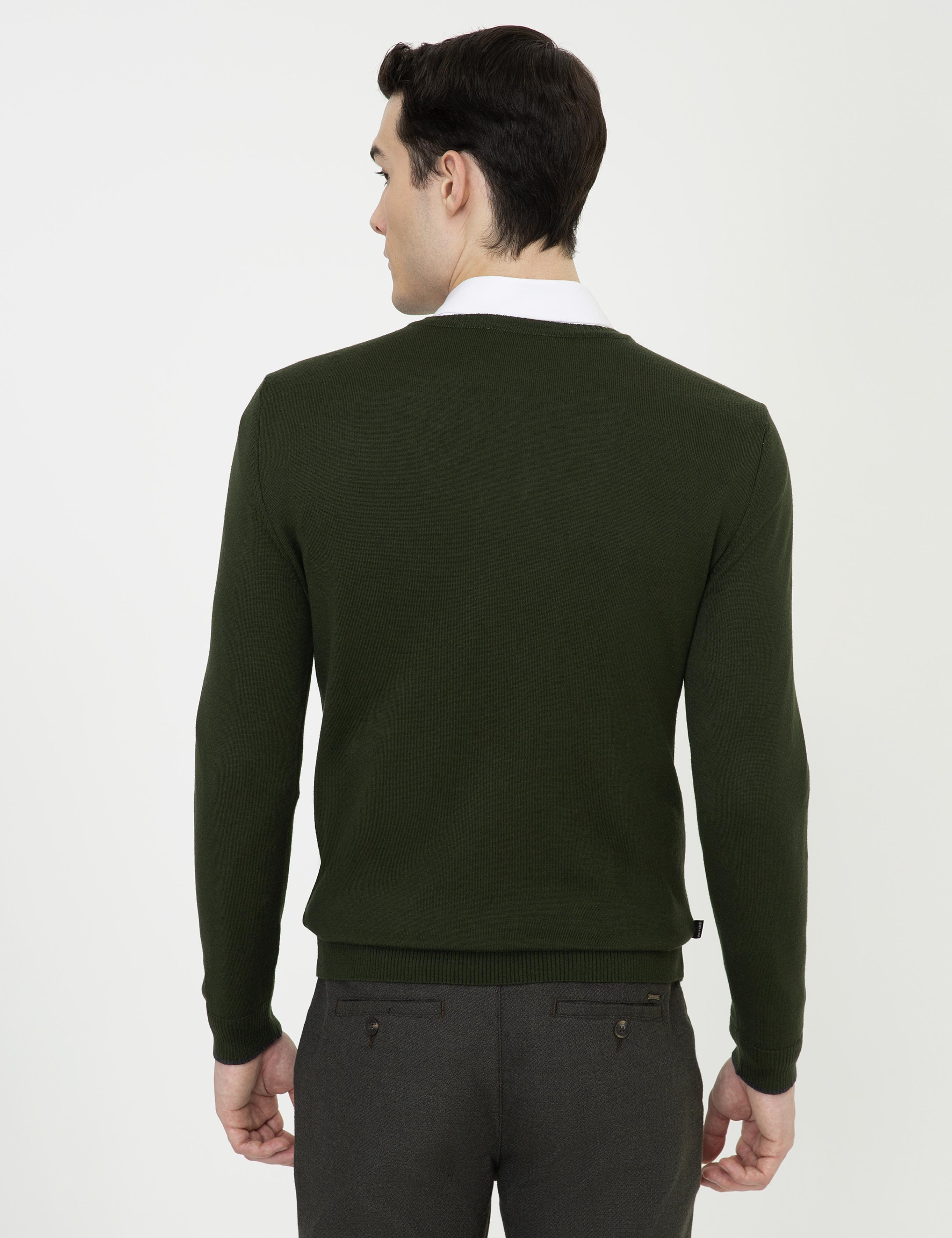 Yeşil Slim Fit V Yaka Basic Triko Kazak