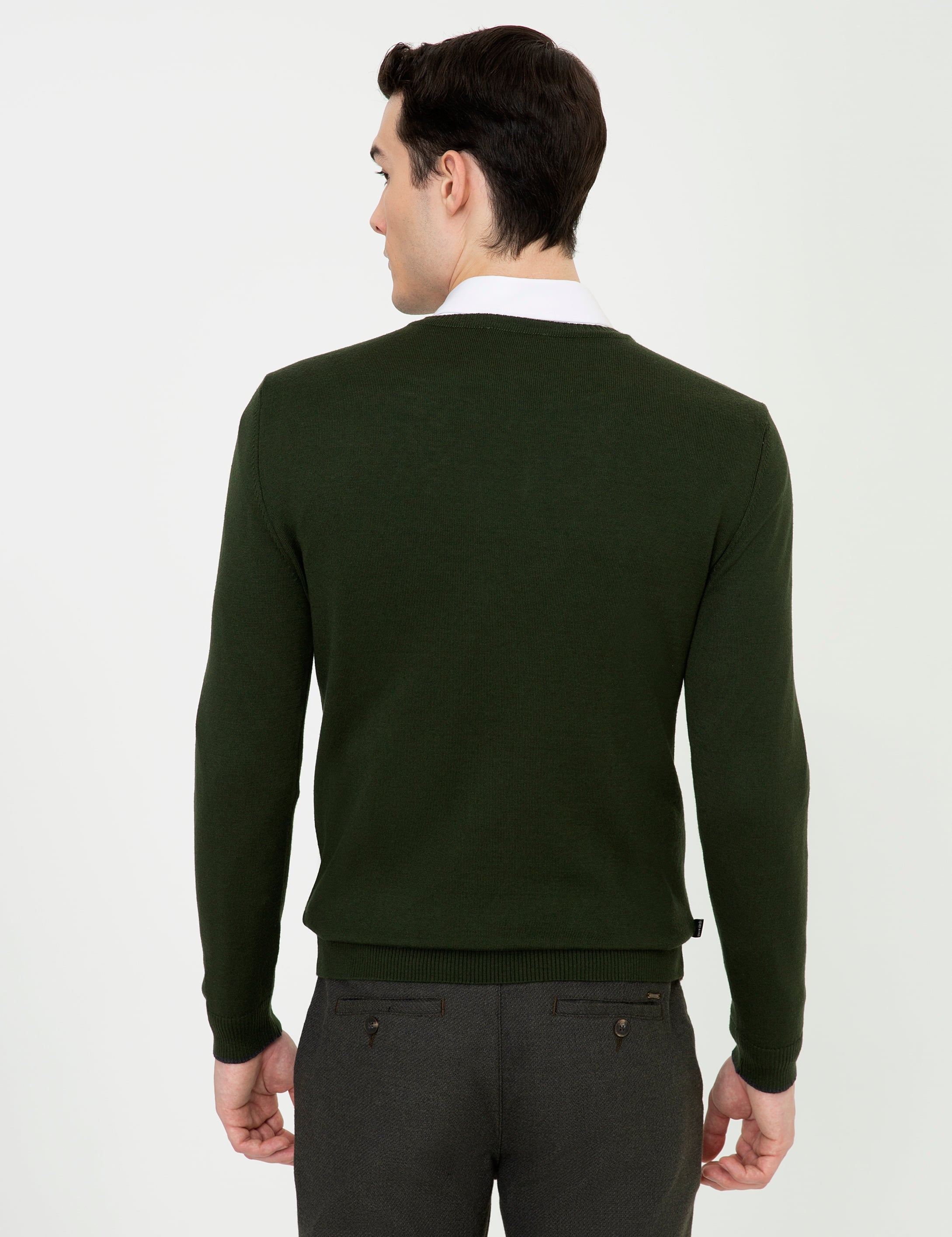 Yeşil Slim Fit V Yaka Basic Triko Kazak