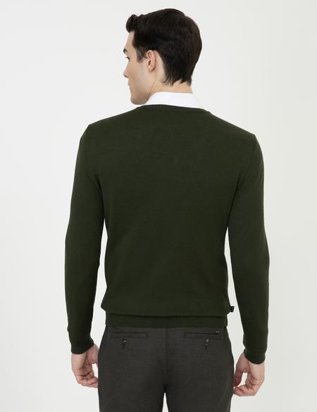 Yeşil Slim Fit V Yaka Basic Triko Kazak - 50248554071