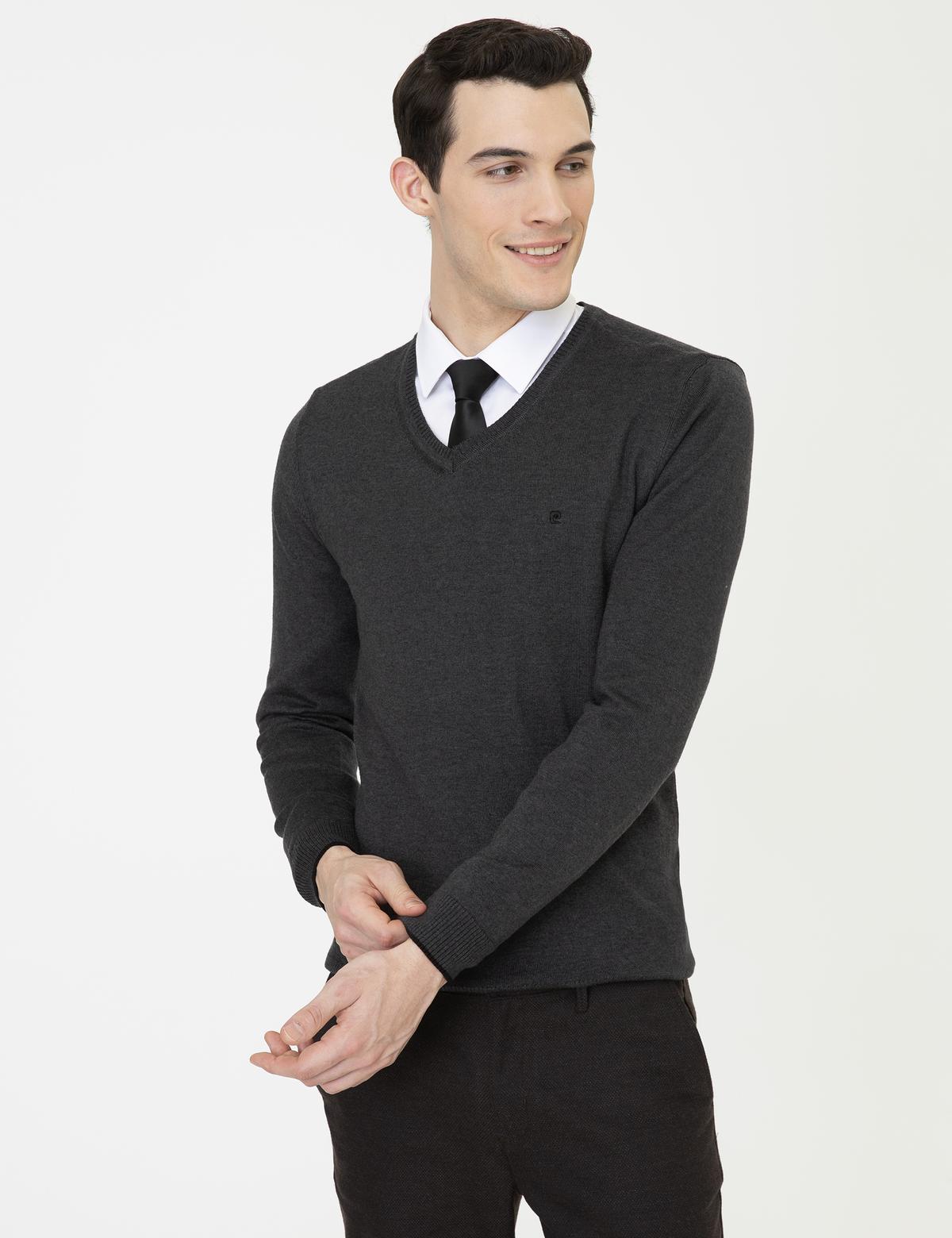 Antrasit Melanj Slim Fit V Yaka Basic Triko Kazak - 50248554088