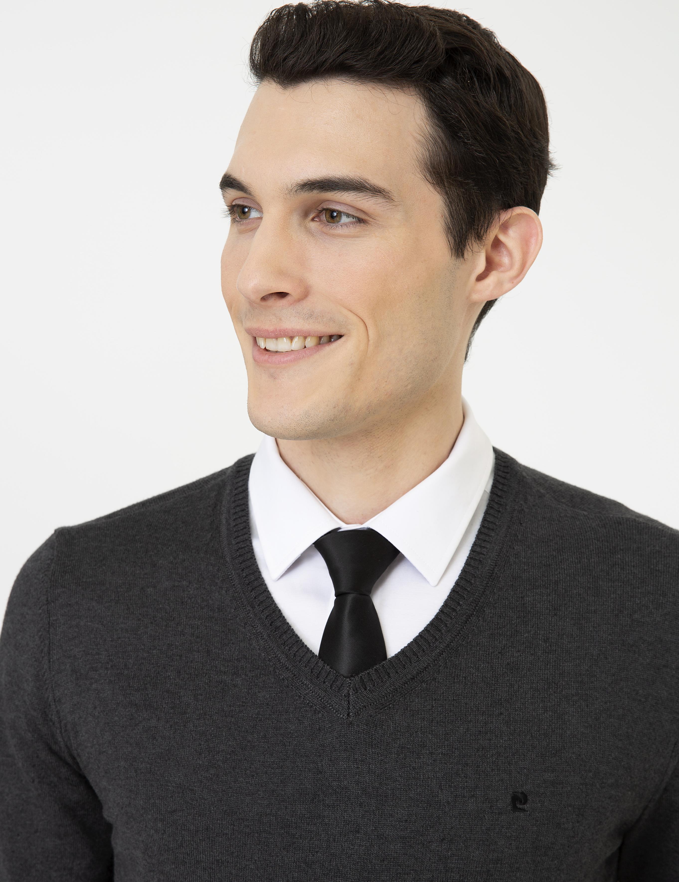 Antrasit Melanj Slim Fit V Yaka Basic Triko Kazak