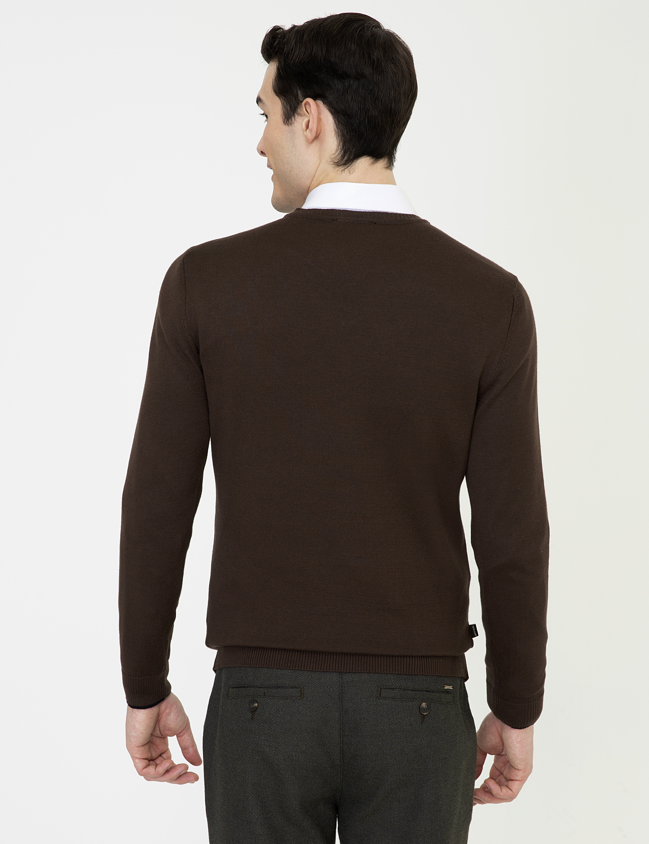 Kahverengi Slim Fit V Yaka Basic Triko Kazak