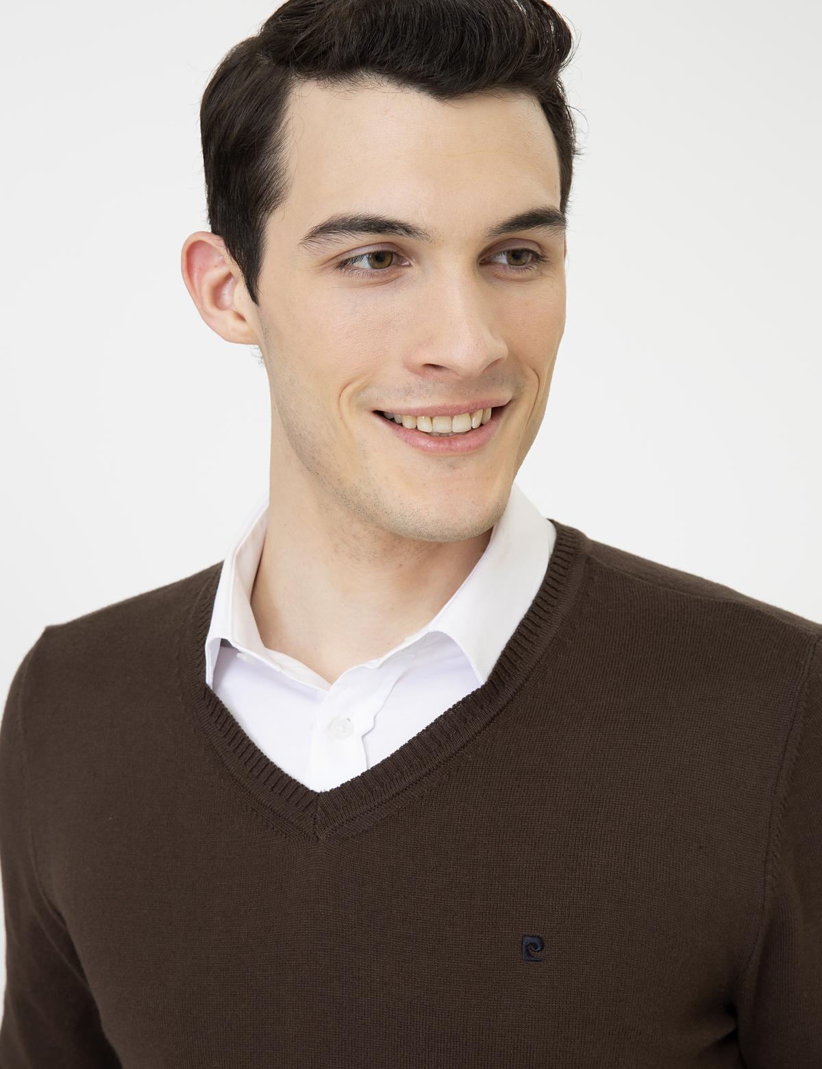 Kahverengi Slim Fit V Yaka Basic Triko Kazak - 50248554051