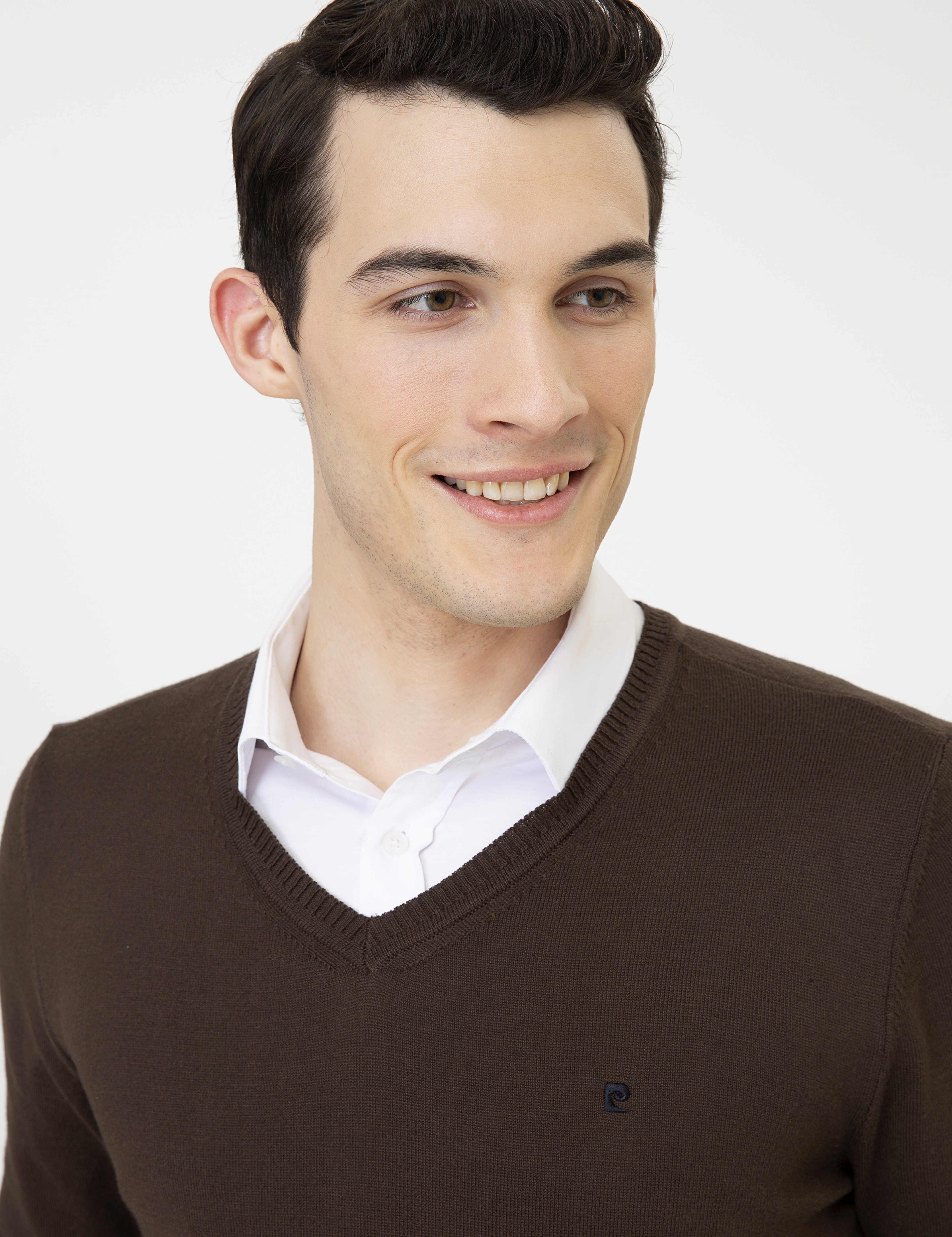 Kahverengi Slim Fit V Yaka Basic Triko Kazak - Image 2