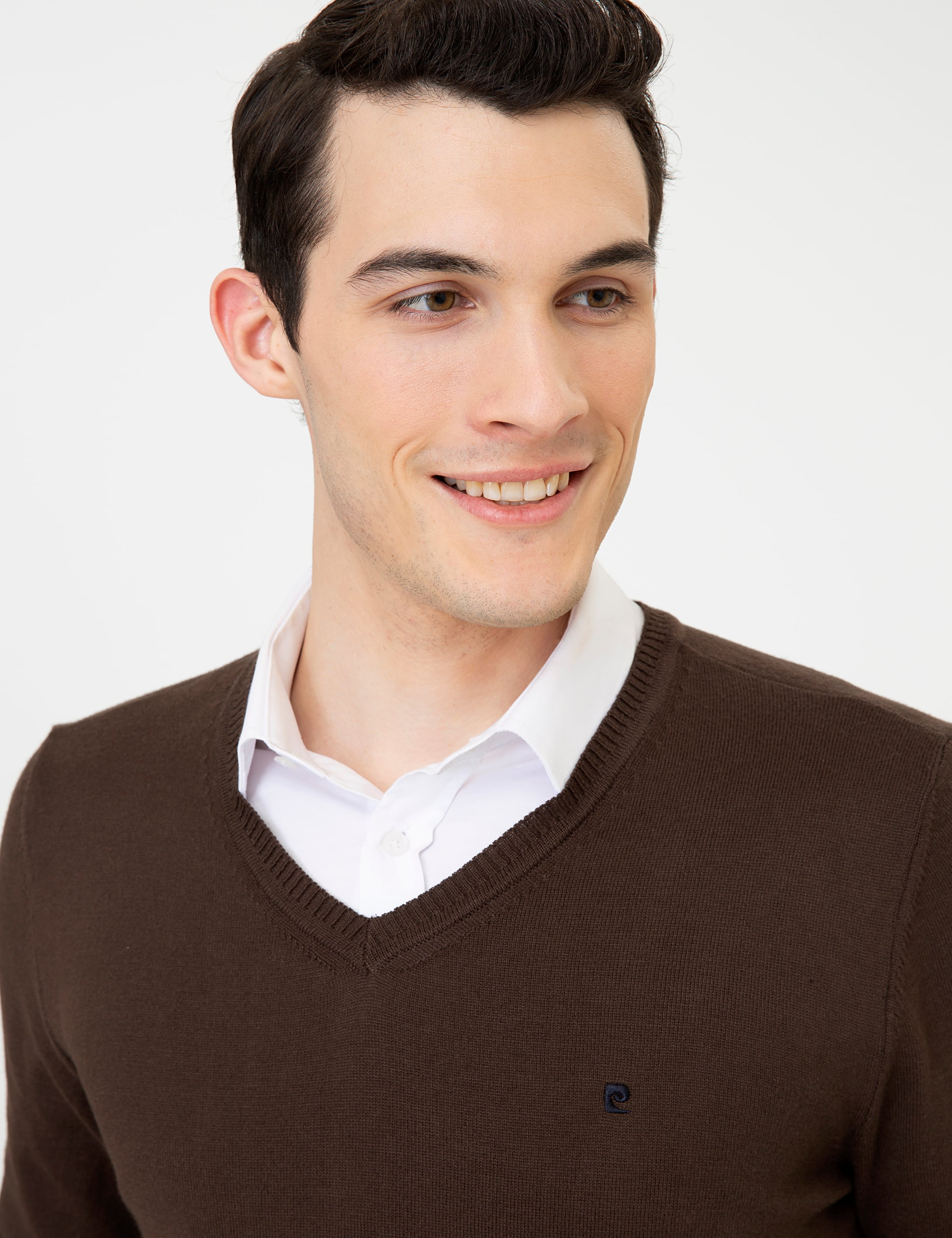 Kahverengi Slim Fit V Yaka Basic Triko Kazak