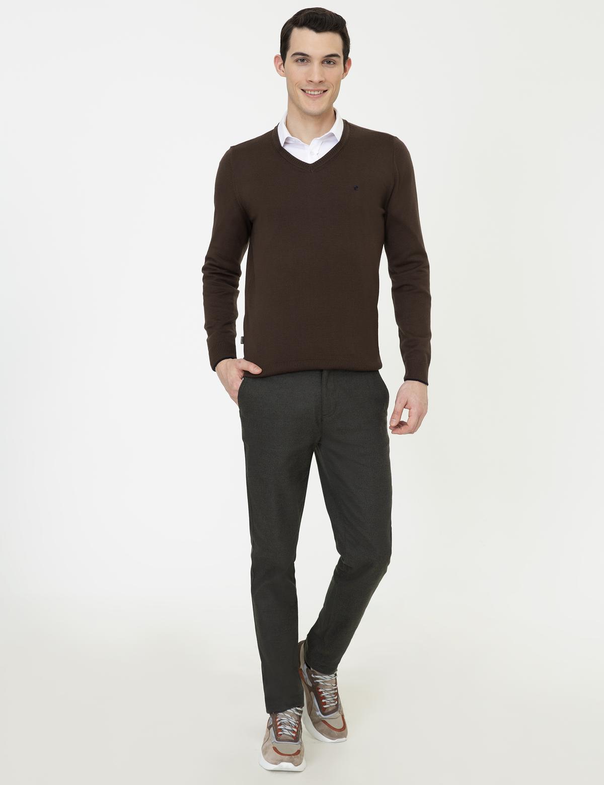 Kahverengi Slim Fit V Yaka Basic Triko Kazak - 50248554051