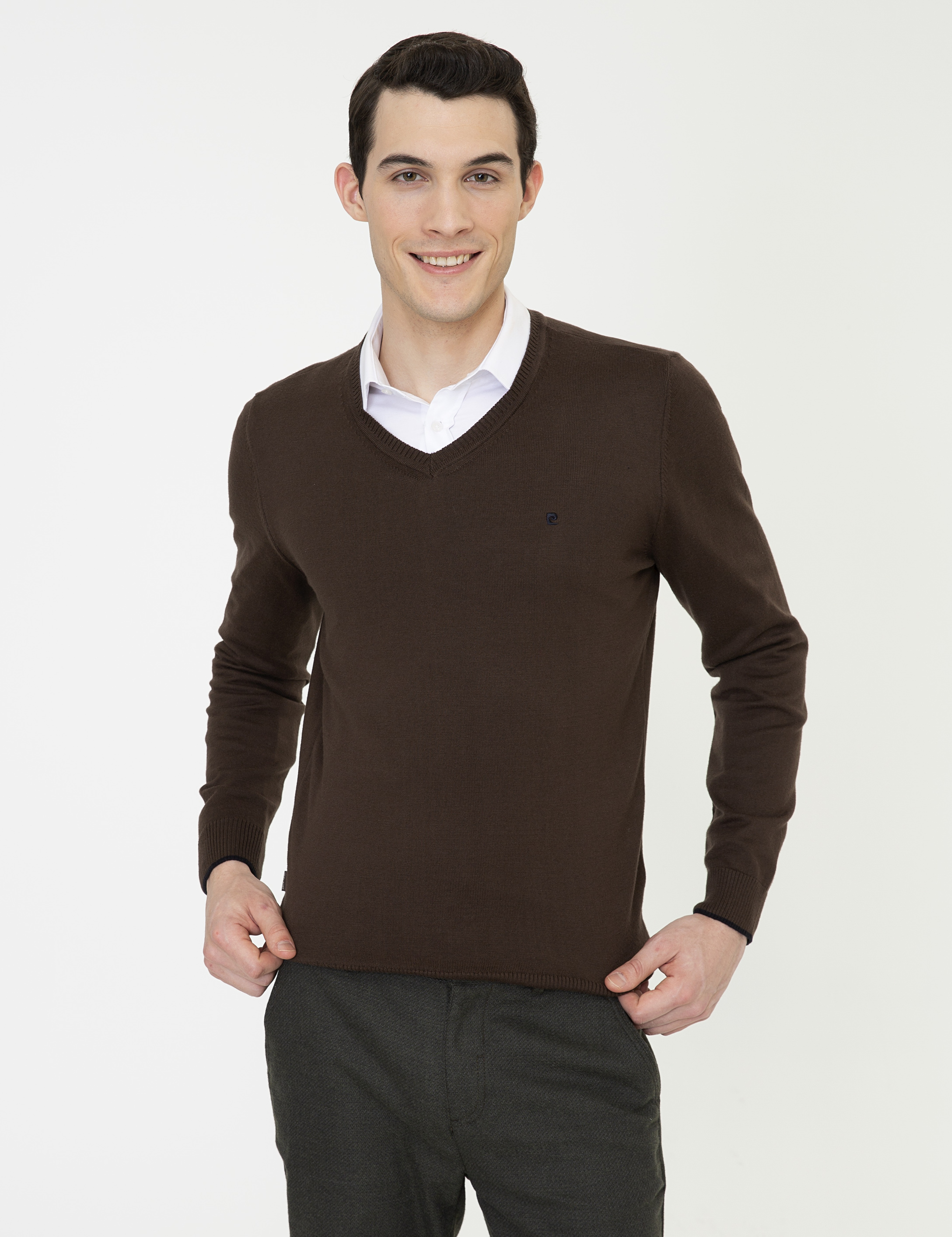 Kahverengi Slim Fit V Yaka Basic Triko Kazak