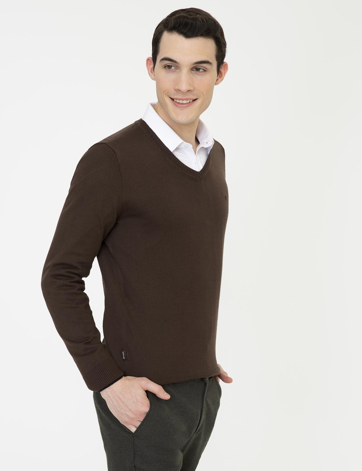 Kahverengi Slim Fit V Yaka Basic Triko Kazak - 50248554051