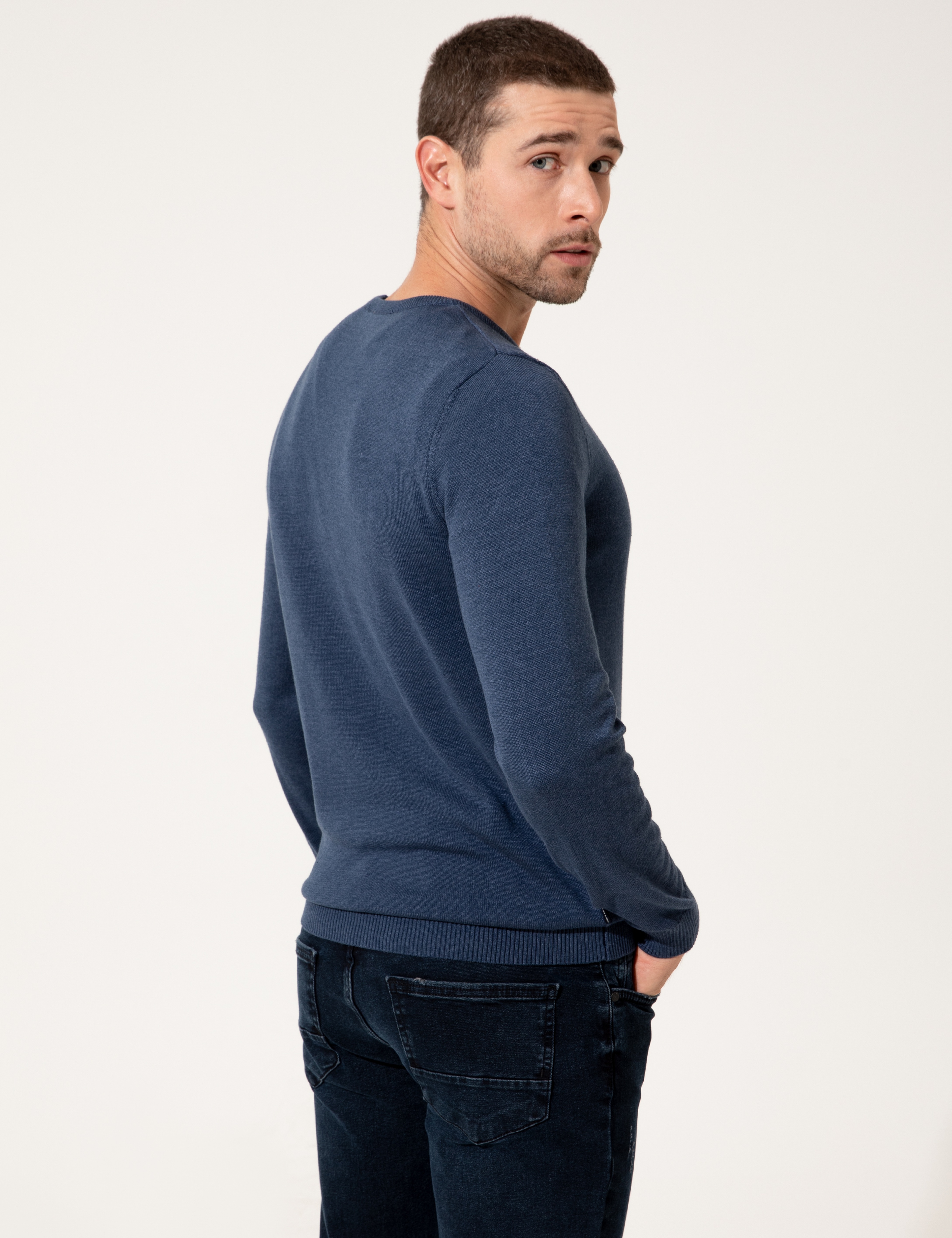 İndigo Melanj Slim Fit Bisiklet Yaka Basic Triko Kazak - Image 5