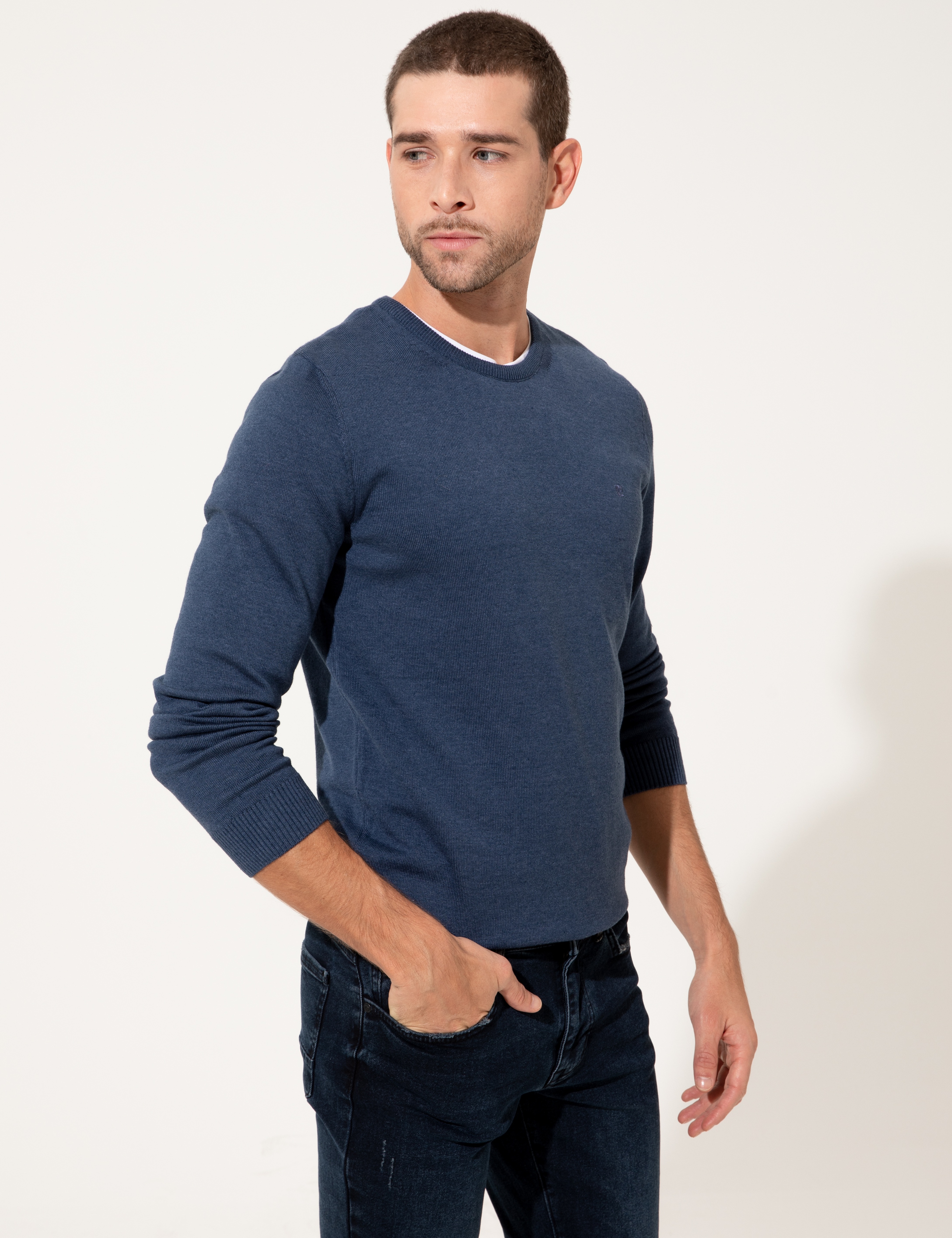 İndigo Melanj Slim Fit Bisiklet Yaka Basic Triko Kazak - Image 4