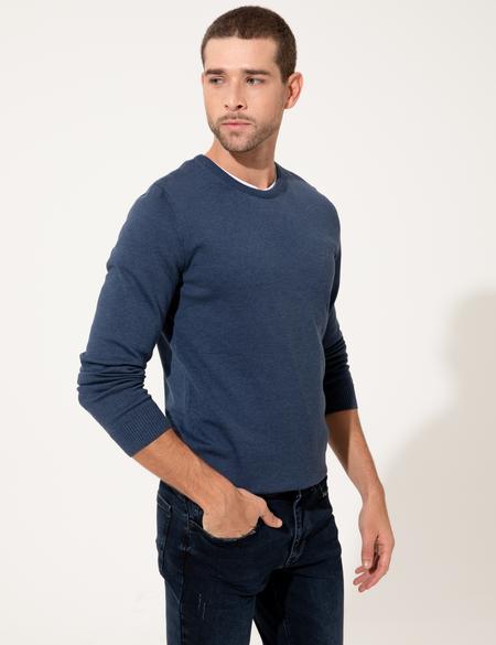 İndigo Melanj Slim Fit Bisiklet Yaka Basic Triko Kazak - 50237801083