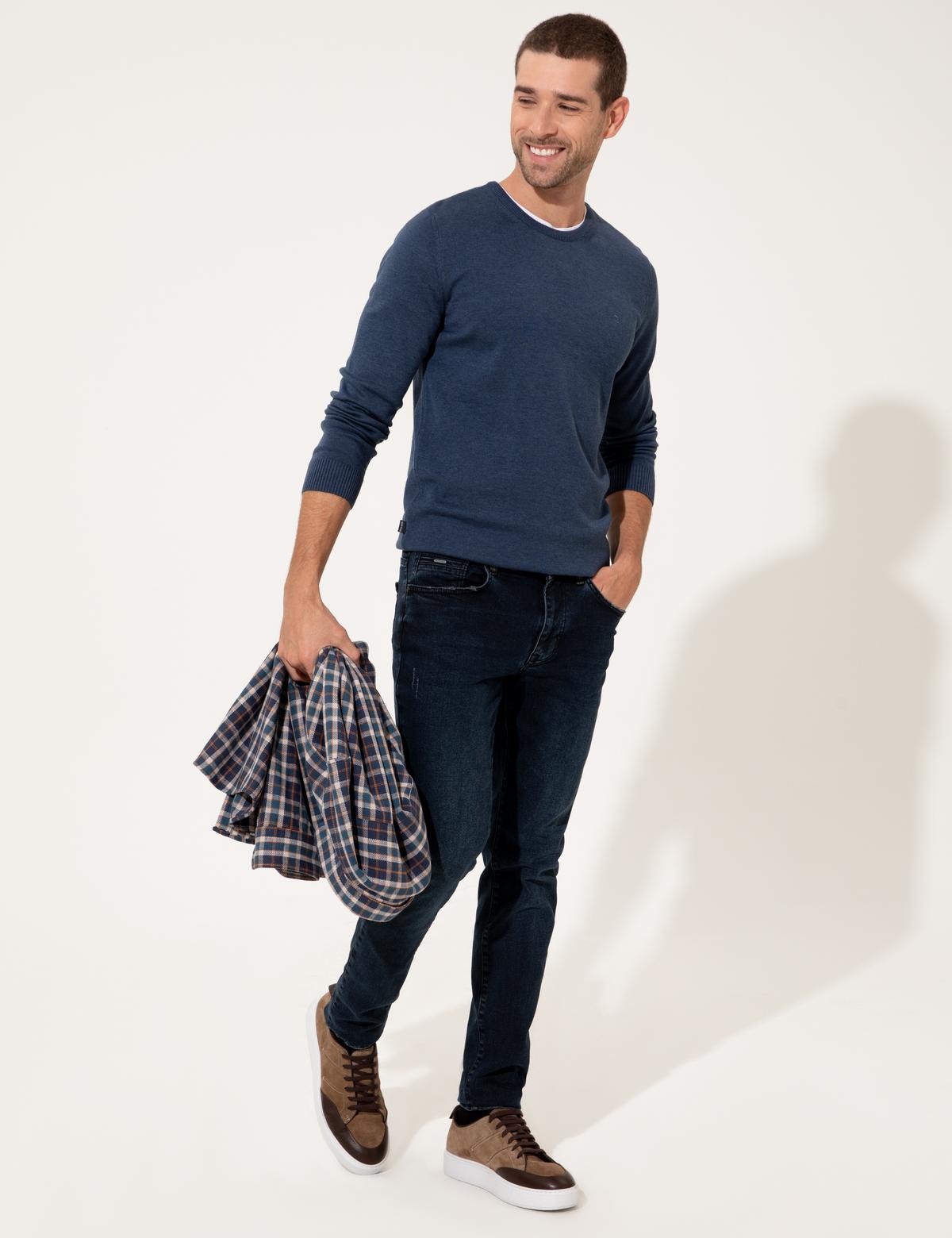 İndigo Melanj Slim Fit Bisiklet Yaka Basic Triko Kazak - 50237801083