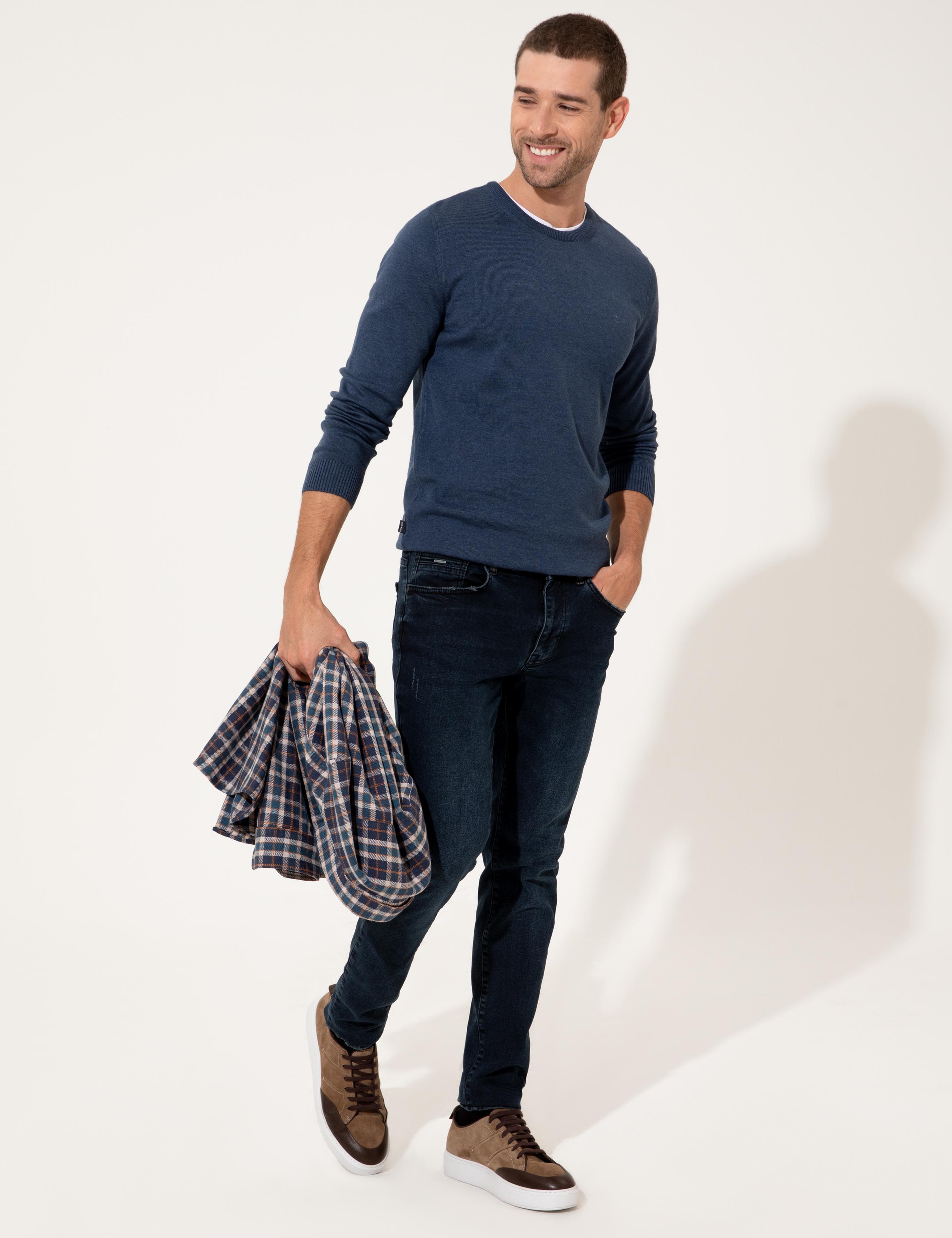 İndigo Melanj Slim Fit Bisiklet Yaka Basic Triko Kazak