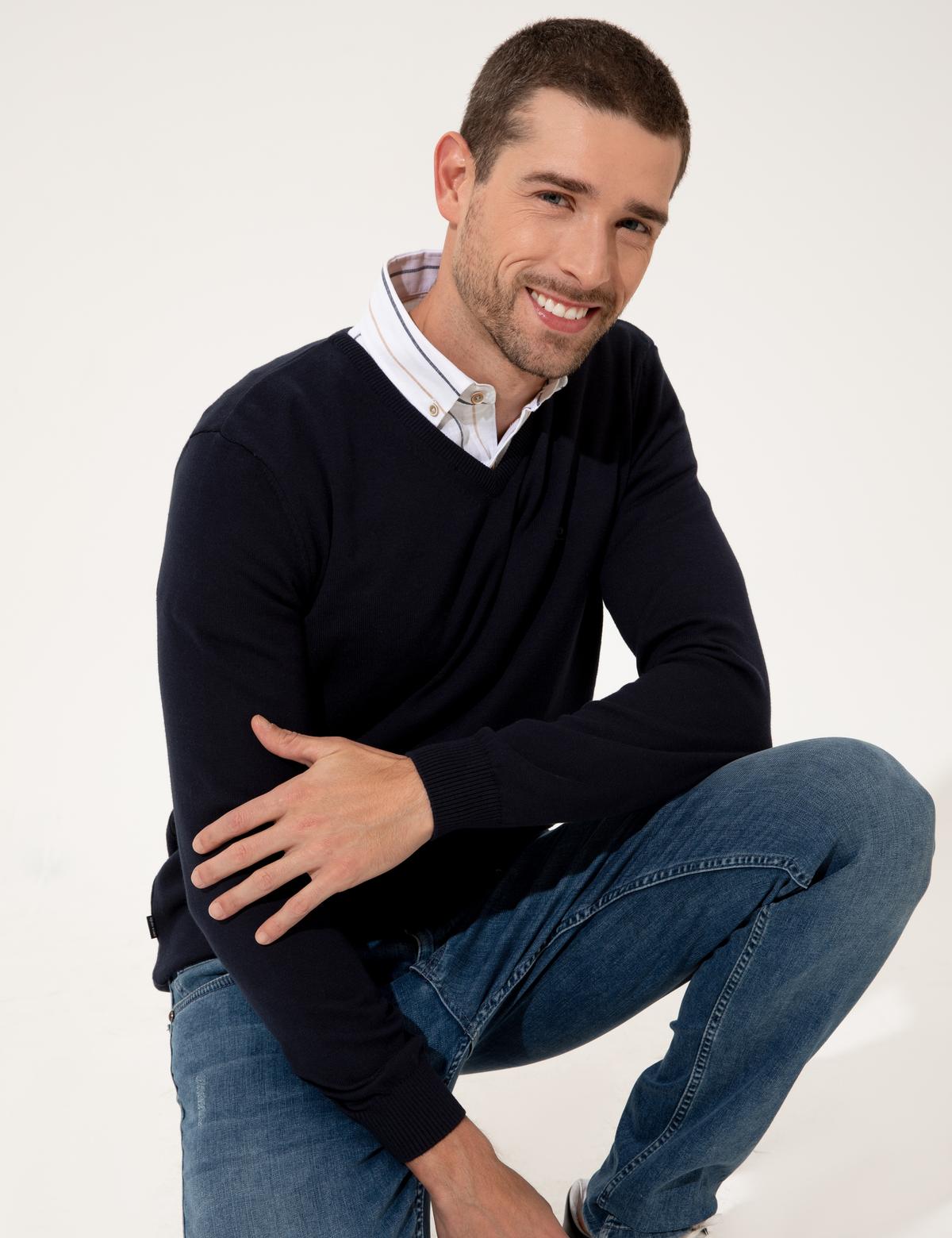 Lacivert Slim Fit V Yaka Basic Triko Kazak