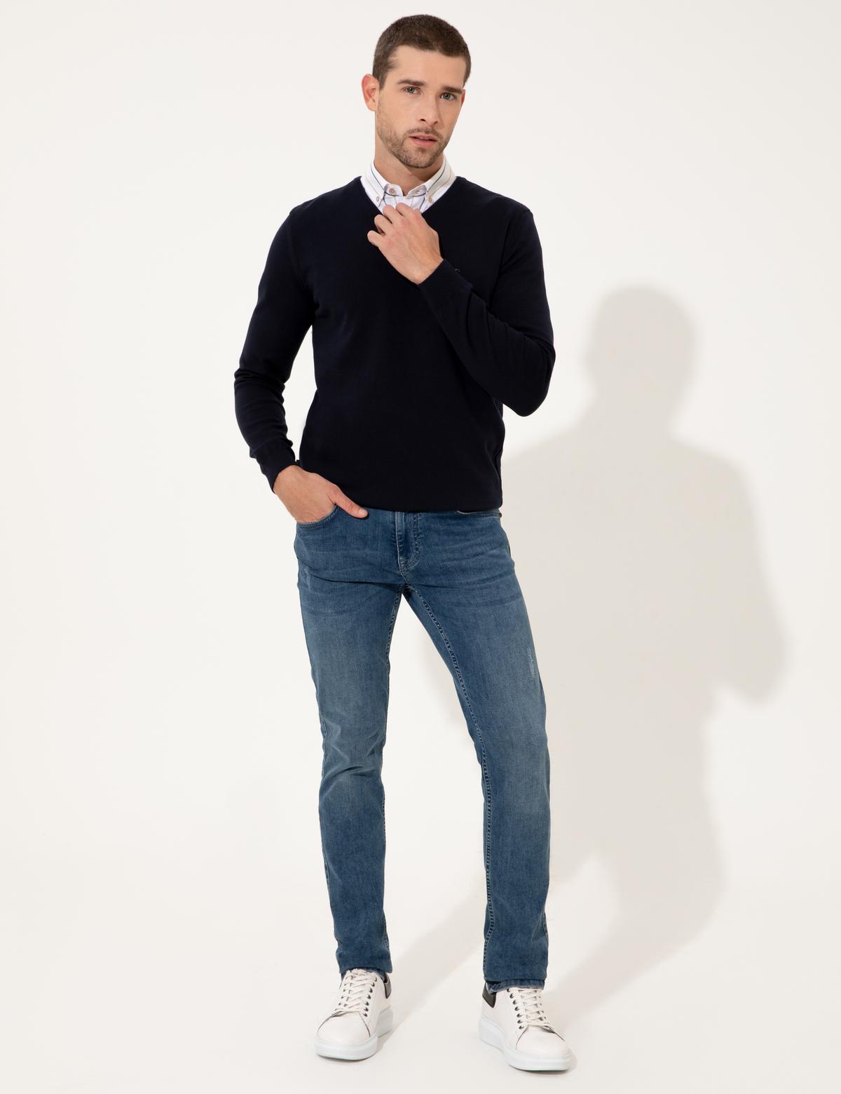 Lacivert Slim Fit V Yaka Basic Triko Kazak - 50237808023