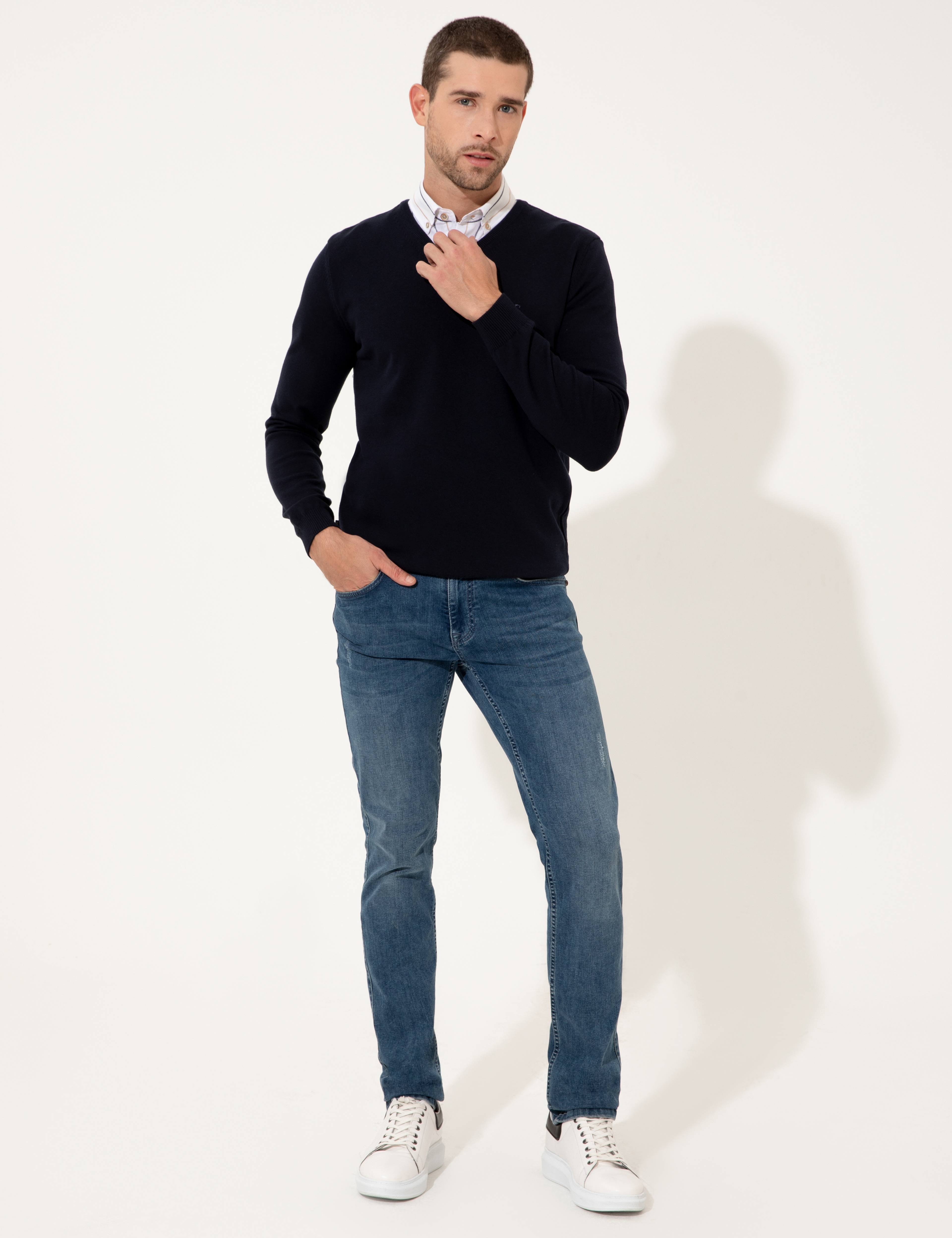 Lacivert Slim Fit V Yaka Basic Triko Kazak - Image 5
