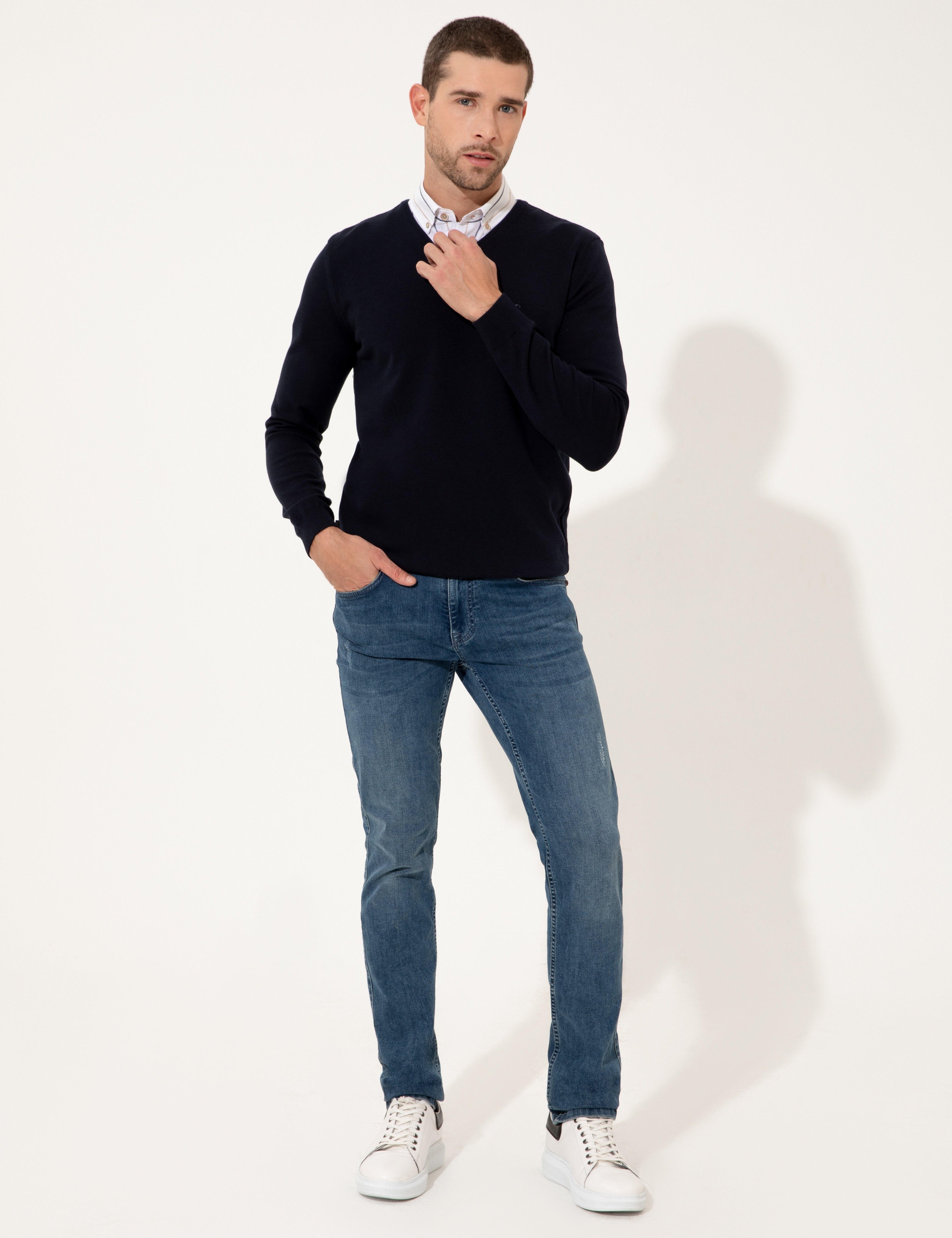 Lacivert Slim Fit V Yaka Basic Triko Kazak