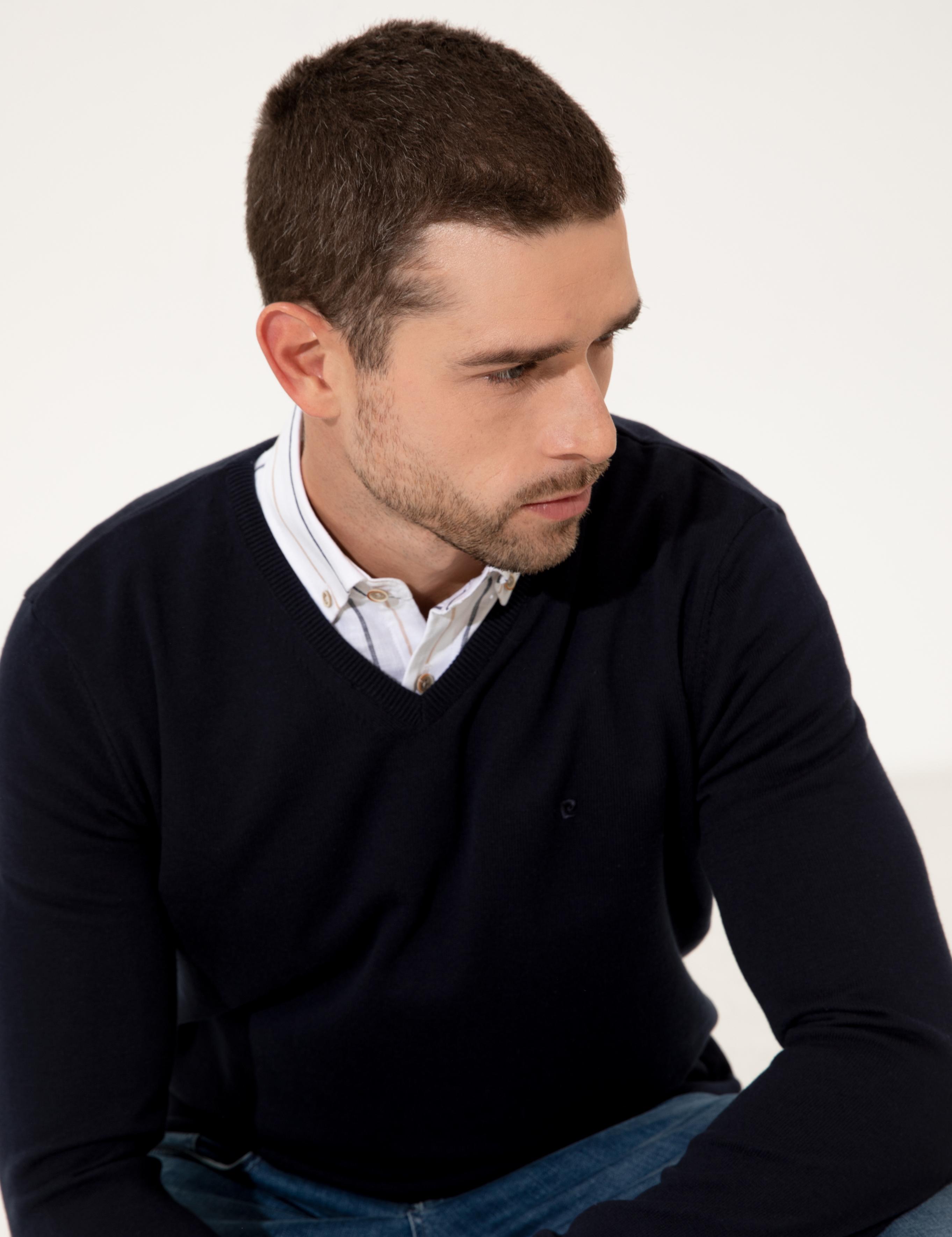 Lacivert Slim Fit V Yaka Basic Triko Kazak