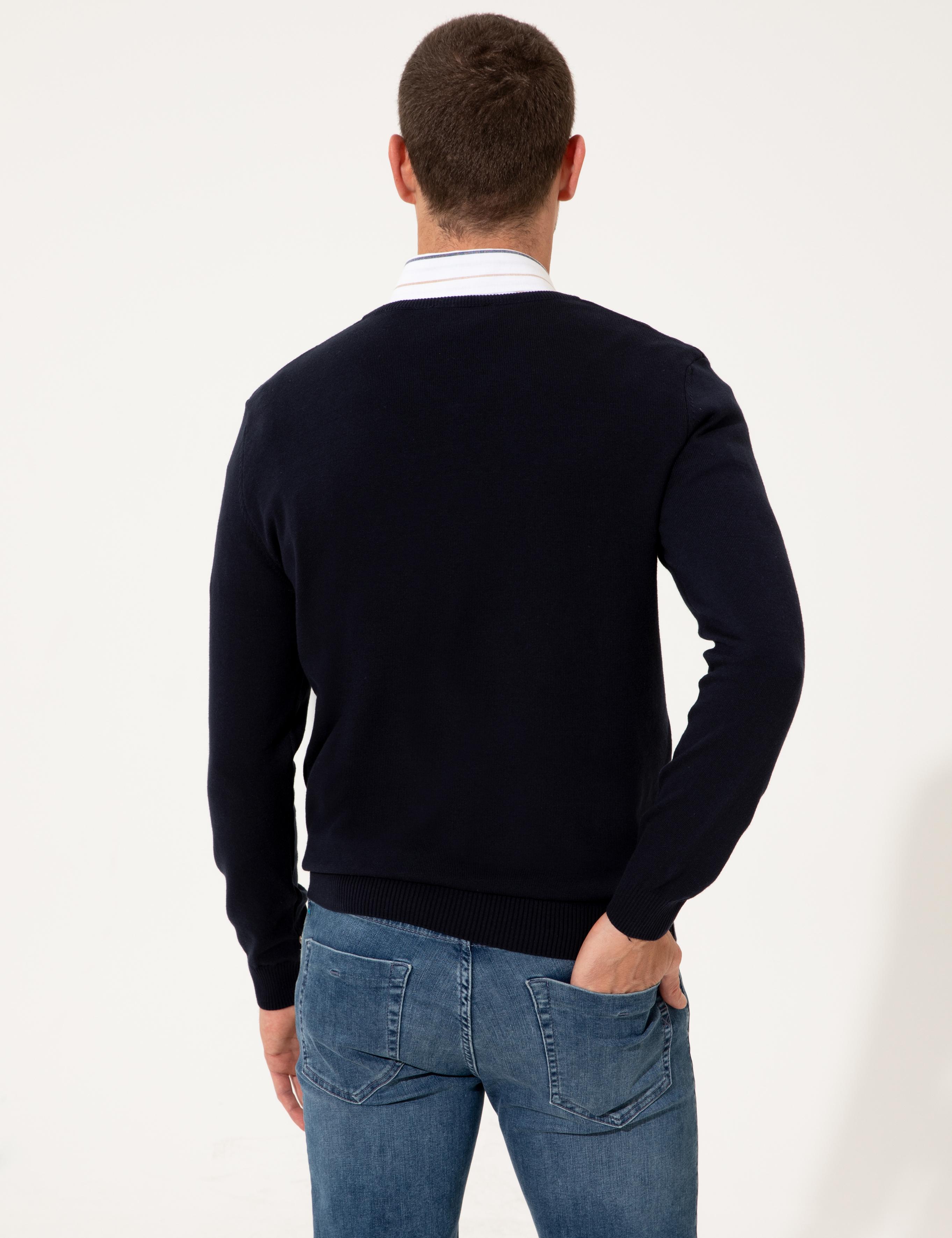 Lacivert Slim Fit V Yaka Basic Triko Kazak