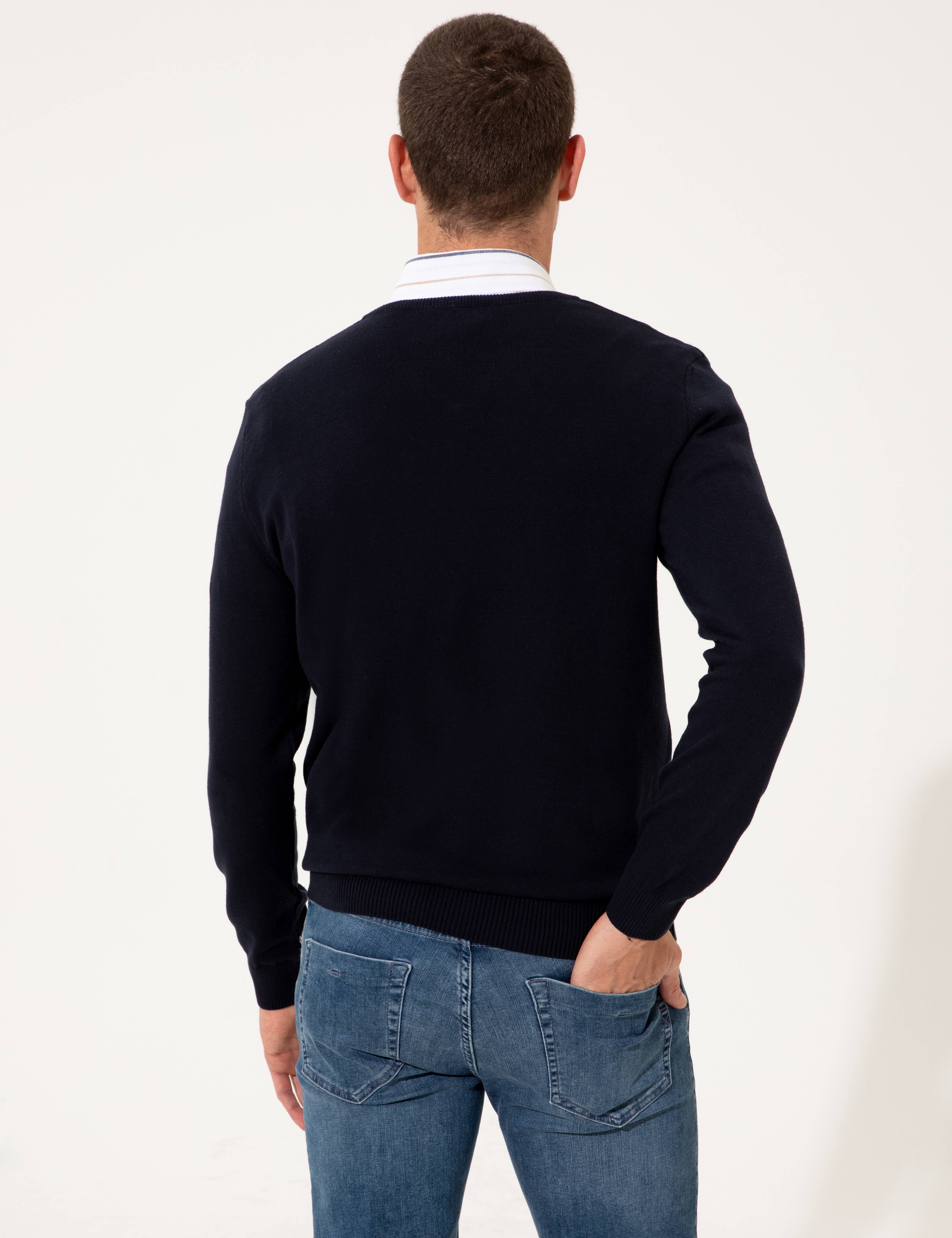 Lacivert Slim Fit V Yaka Basic Triko Kazak - Image 6