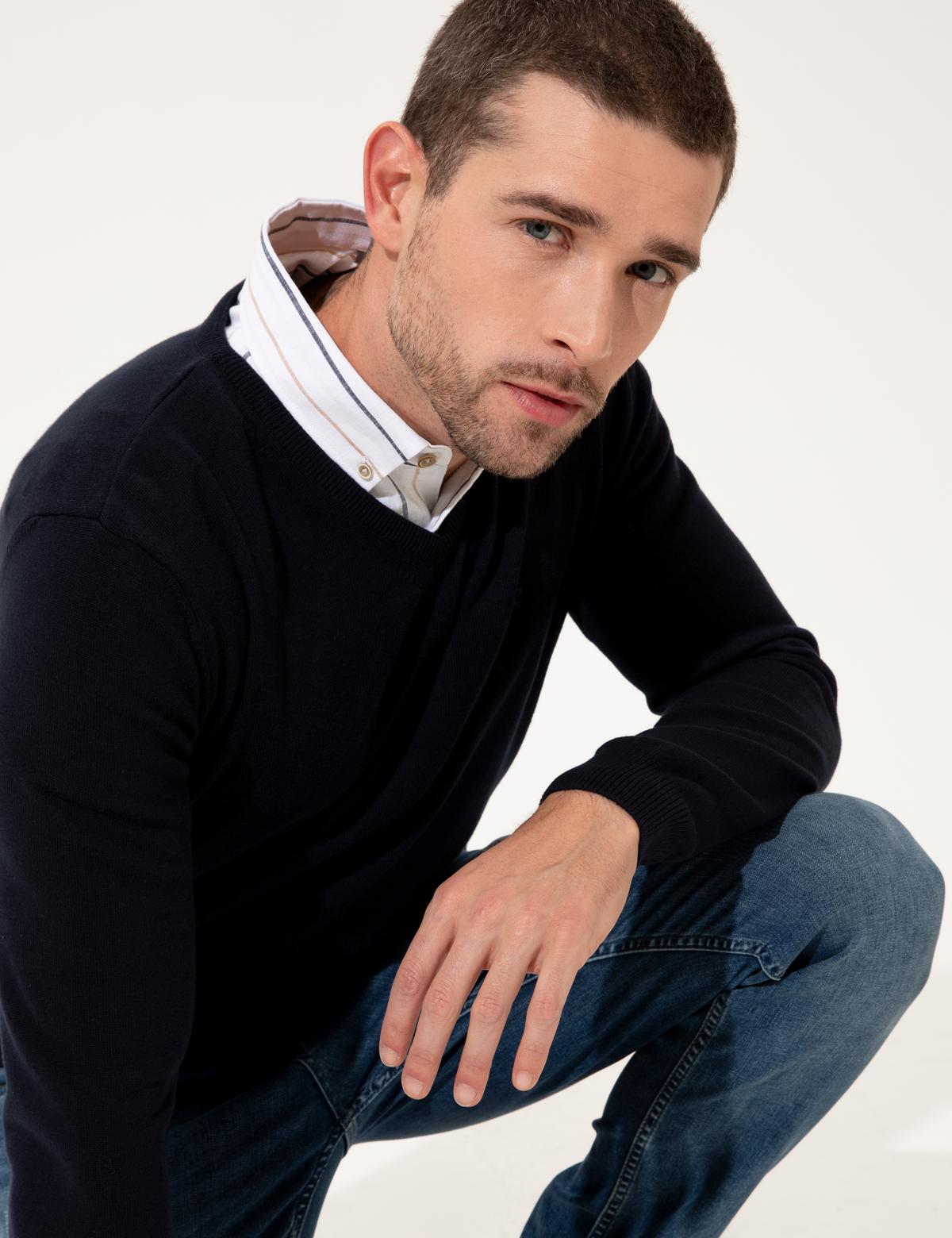 Lacivert Slim Fit V Yaka Basic Triko Kazak - 50237808023