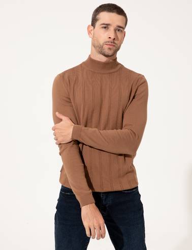 Taba Slim Fit Yarım Balıkçı Yaka Triko Kazak