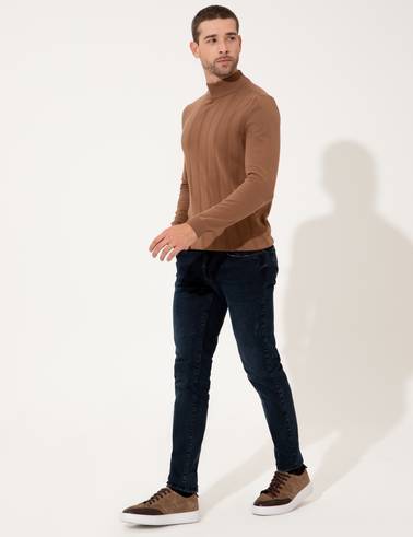 Taba Slim Fit Yarım Balıkçı Yaka Triko Kazak