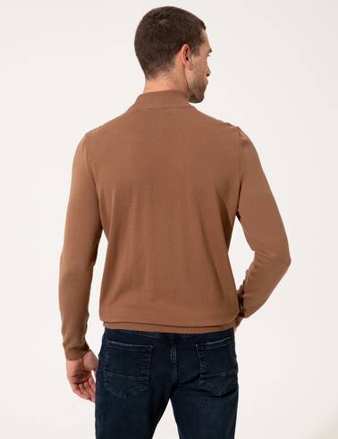 Taba Slim Fit Yarım Balıkçı Yaka Triko Kazak