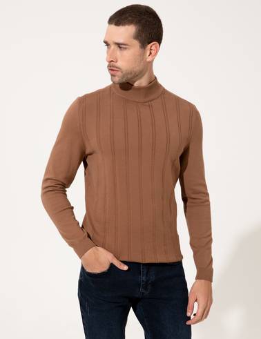 Taba Slim Fit Yarım Balıkçı Yaka Triko Kazak