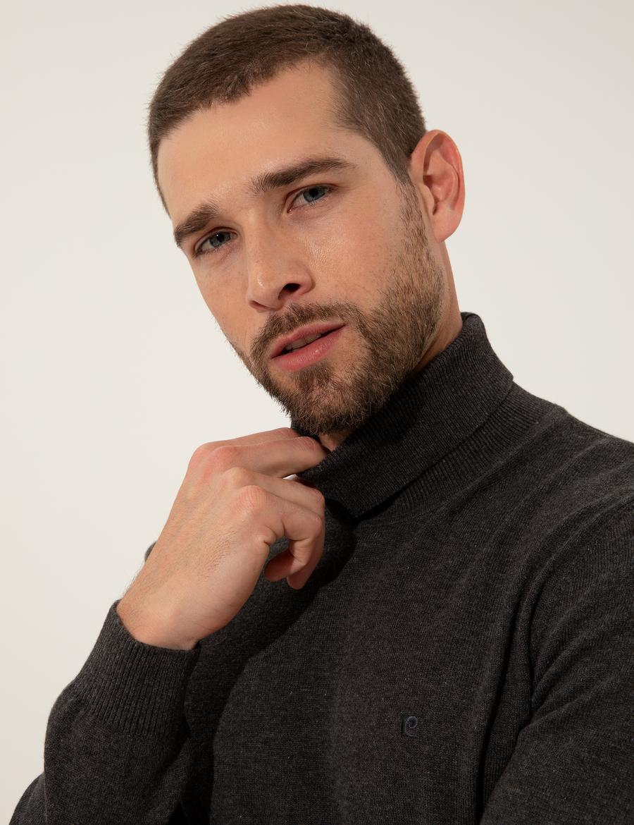 Gri Melanj Slim Fit Balıkçı Yaka Basic Triko Kazak