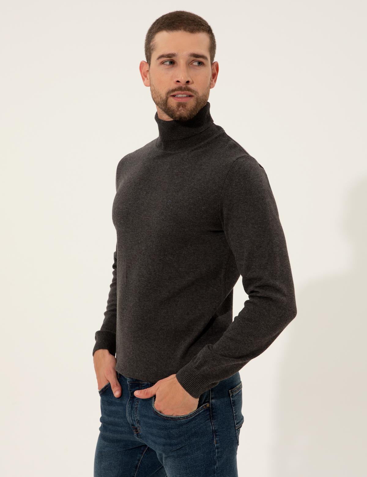 Gri Melanj Slim Fit Balıkçı Yaka Basic Triko Kazak - 50257158043