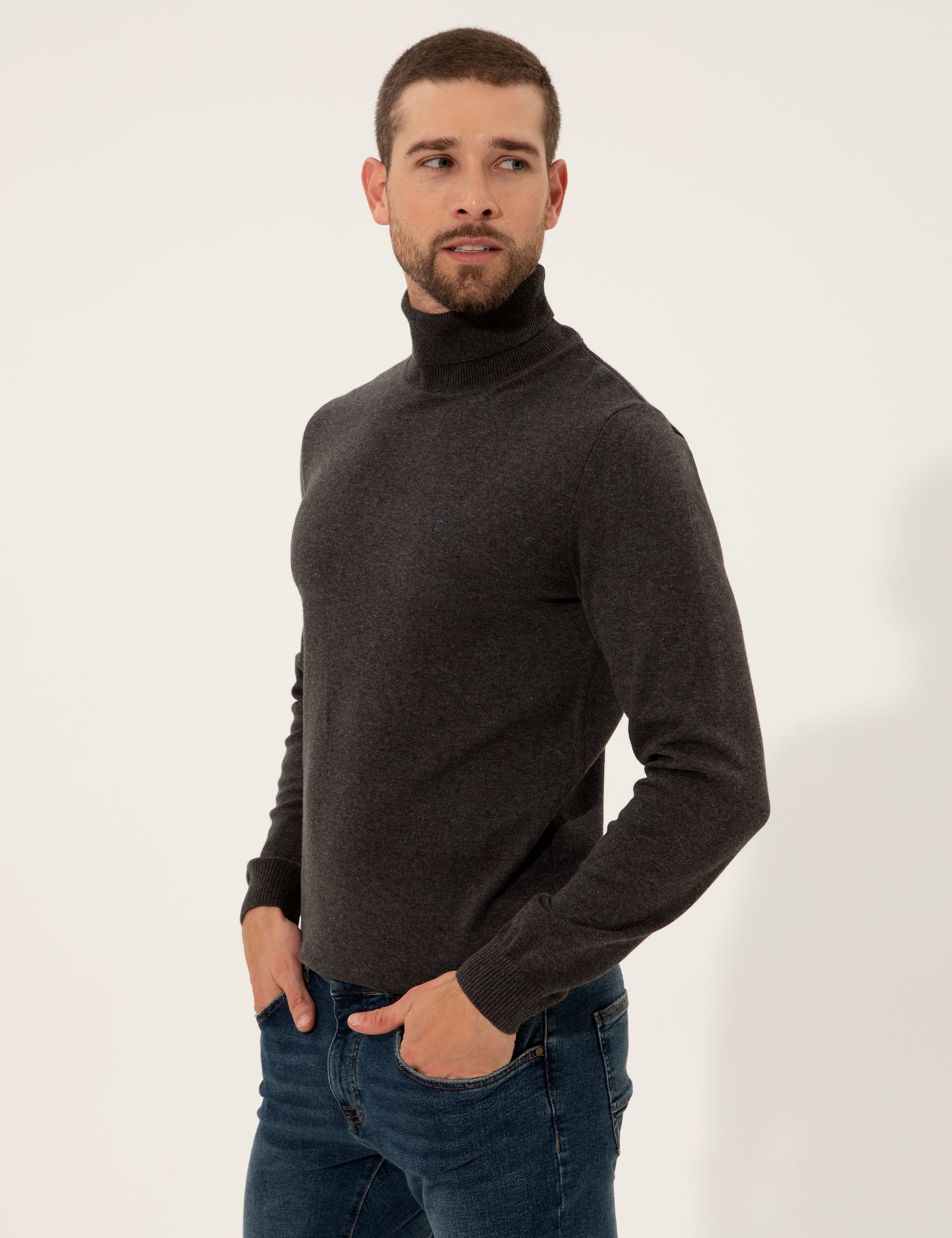 Gri Melanj Slim Fit Balıkçı Yaka Basic Triko Kazak