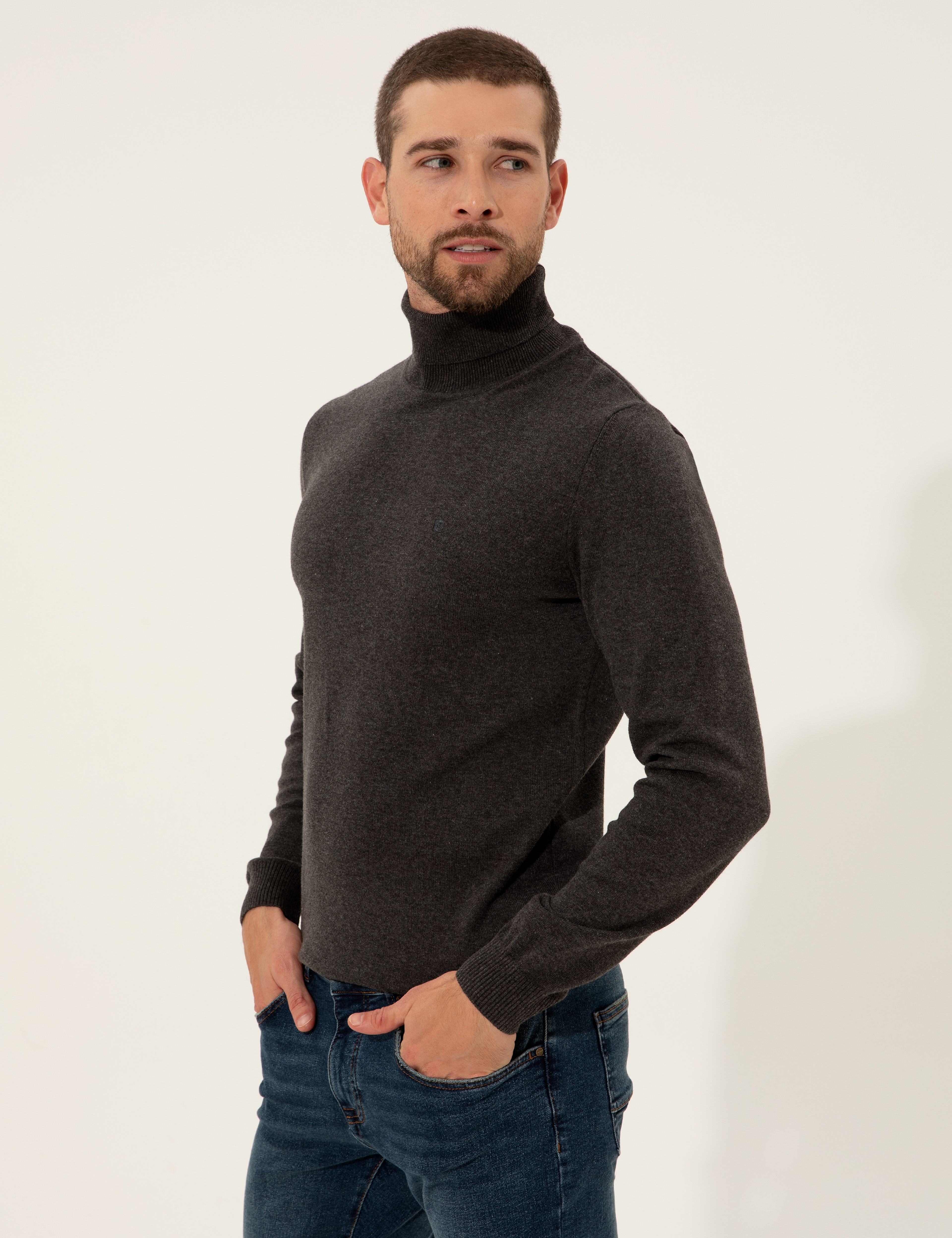 Gri Melanj Slim Fit Balıkçı Yaka Basic Triko Kazak